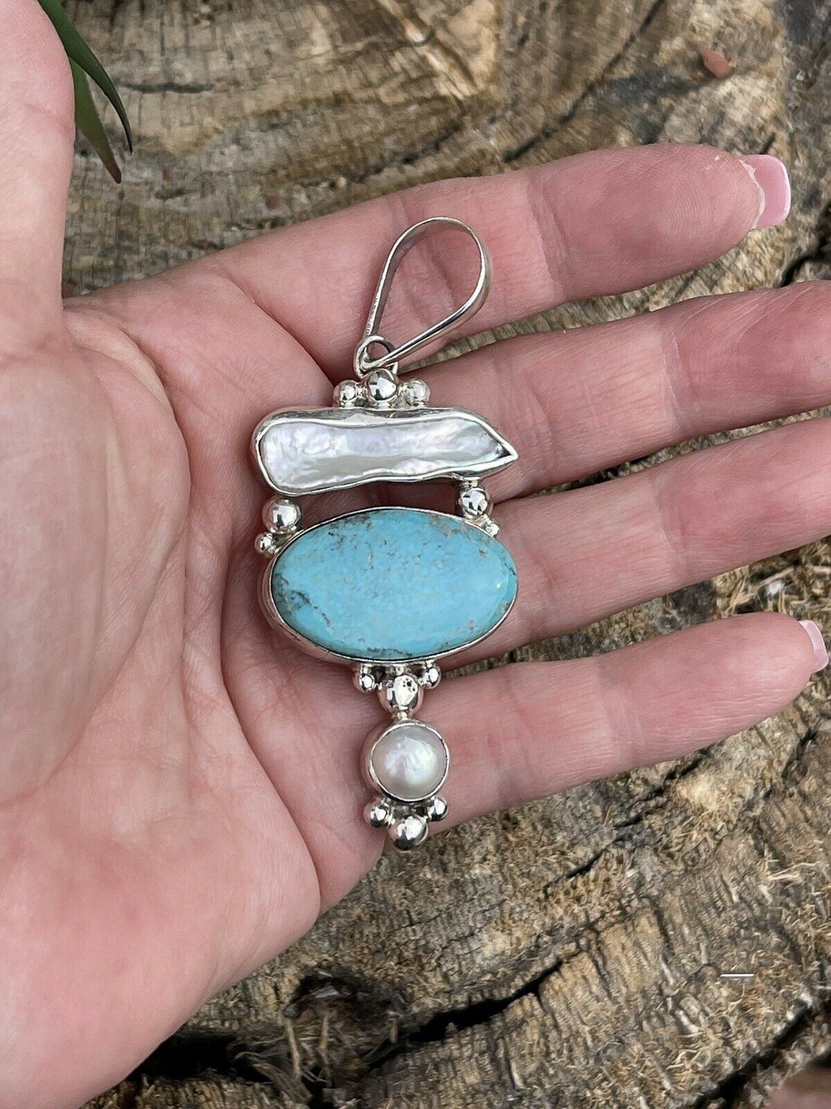 Handcrafted Turquoise & Mother Of Pearl Sterling Silver Pendant