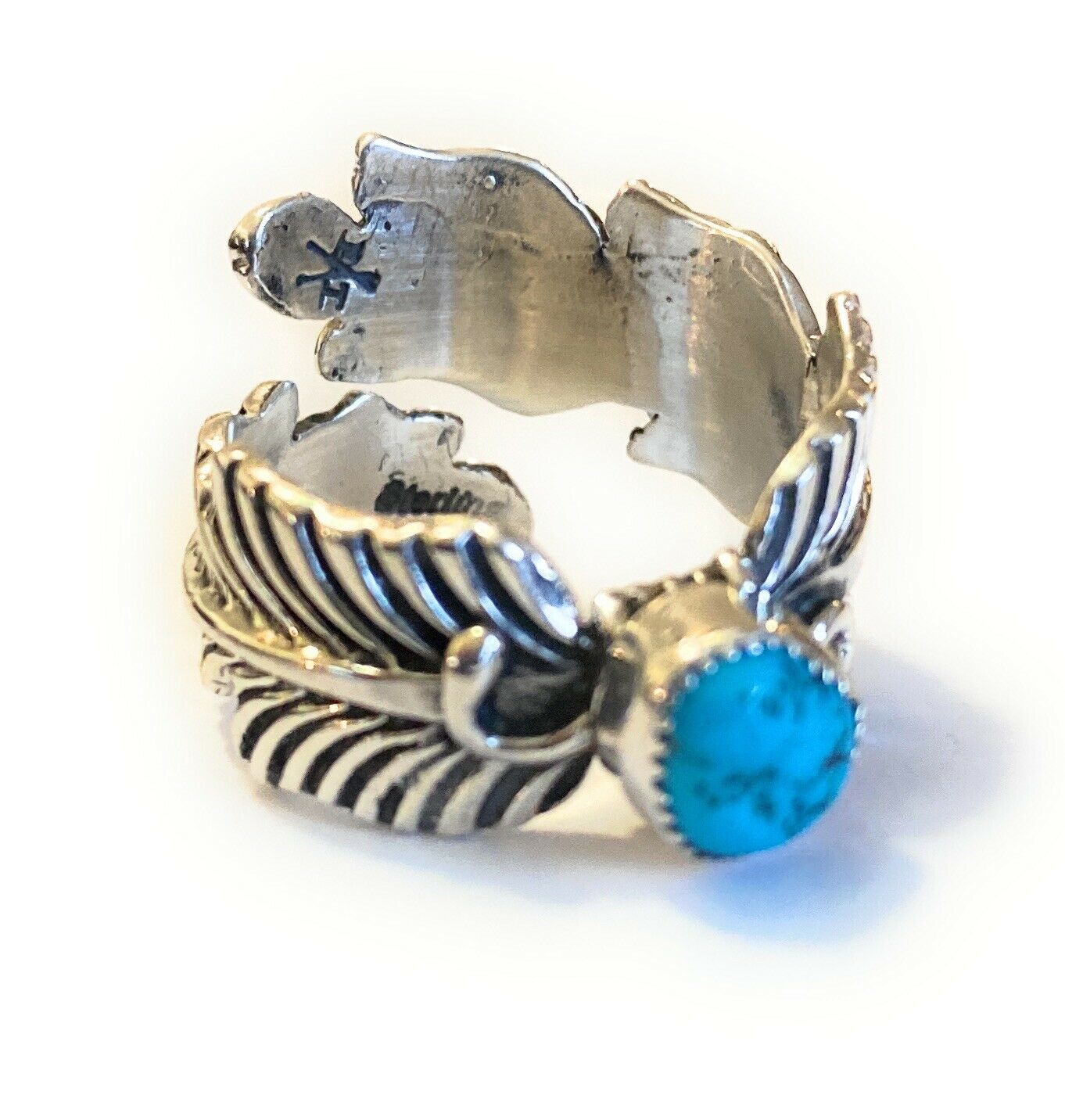 Handcrafted Feather Turquoise And Sterling Silver Adjustable Ring