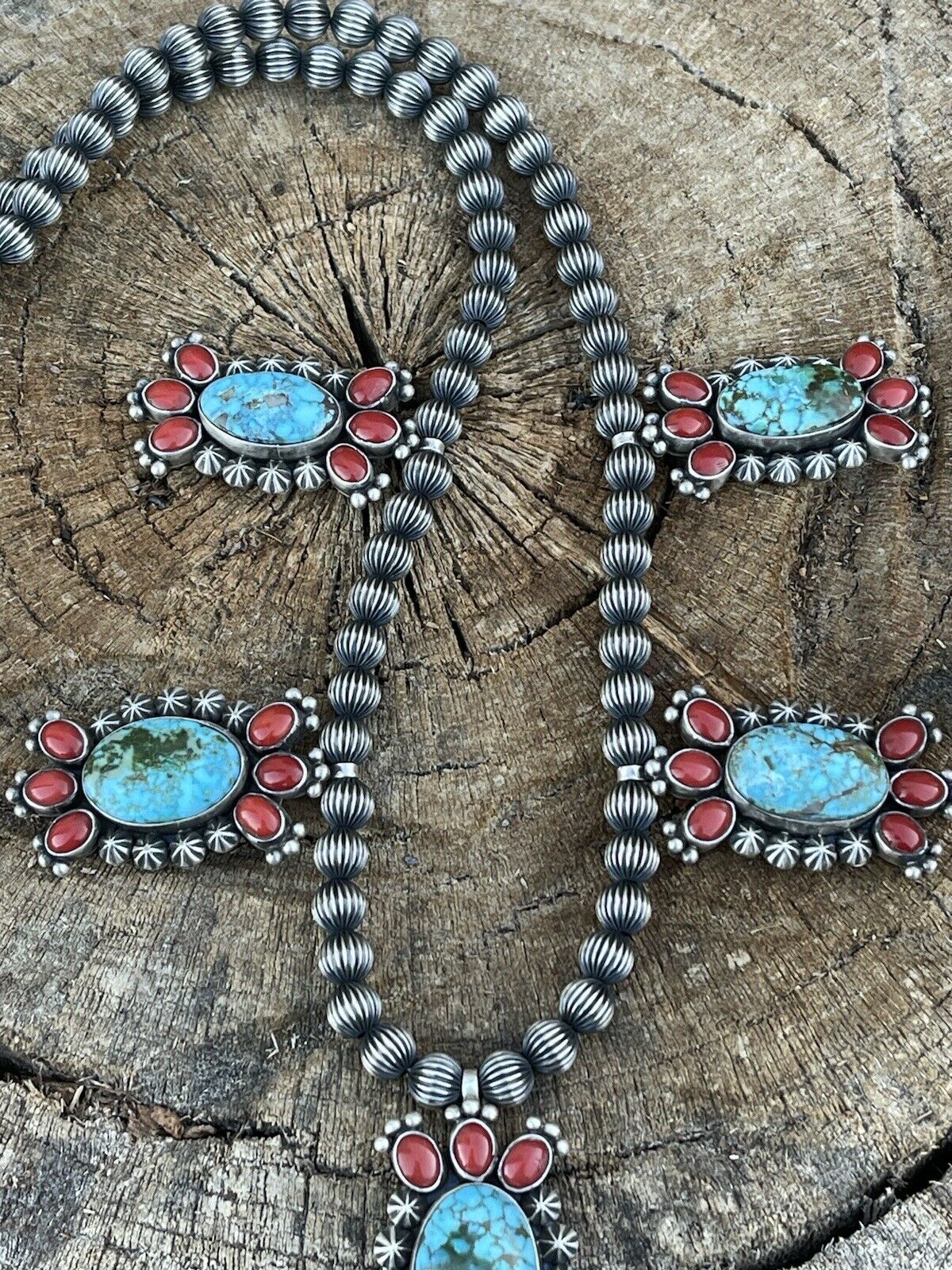 Handcrafted Sterling Kingman Turquoise Natural Red Coral Necklace Taos Collection