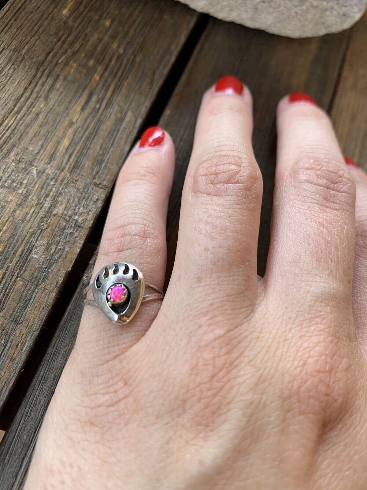 Handcrafted Sterling Silver Pink Opal Bear Paw Ring