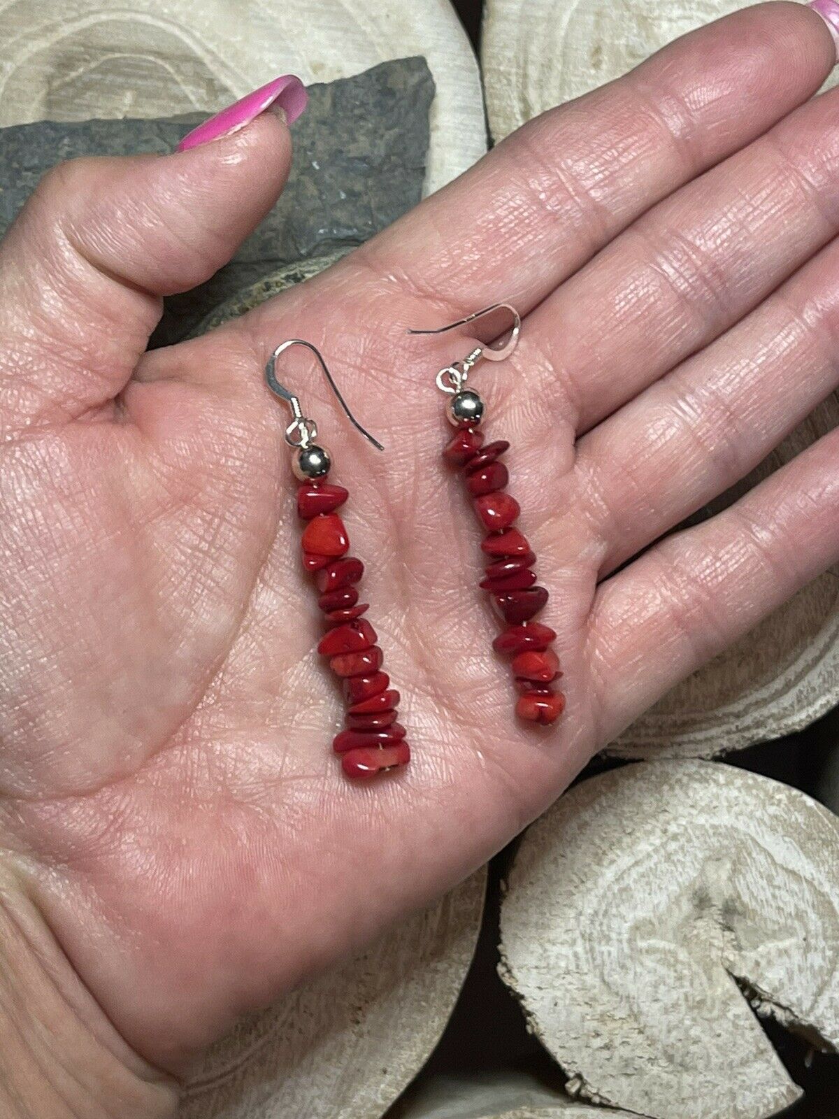 Handcrafted Sterling Silver Apple Coral Chip Dangle Earrings
