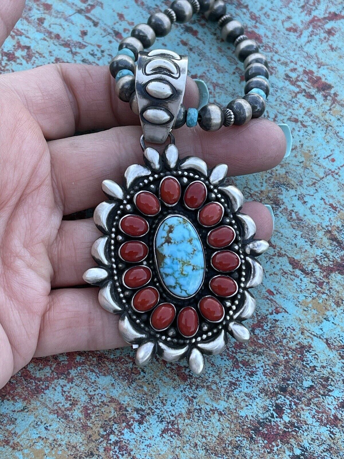 Handcrafted Sterling Kingman Web Turquoise & Red Coral Taos Ornate Pendant D. Clark