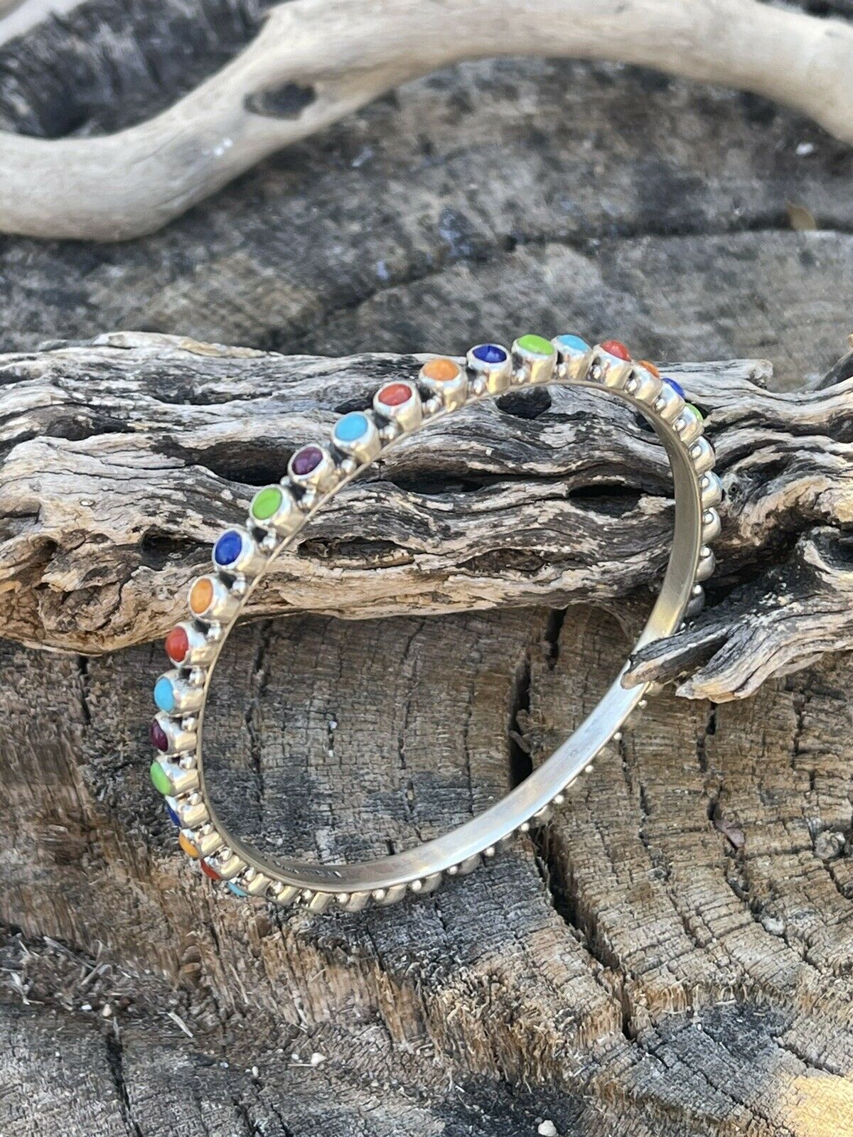 Handcrafted Multi Stone Rainbow Sterling Silver Bangle Signed