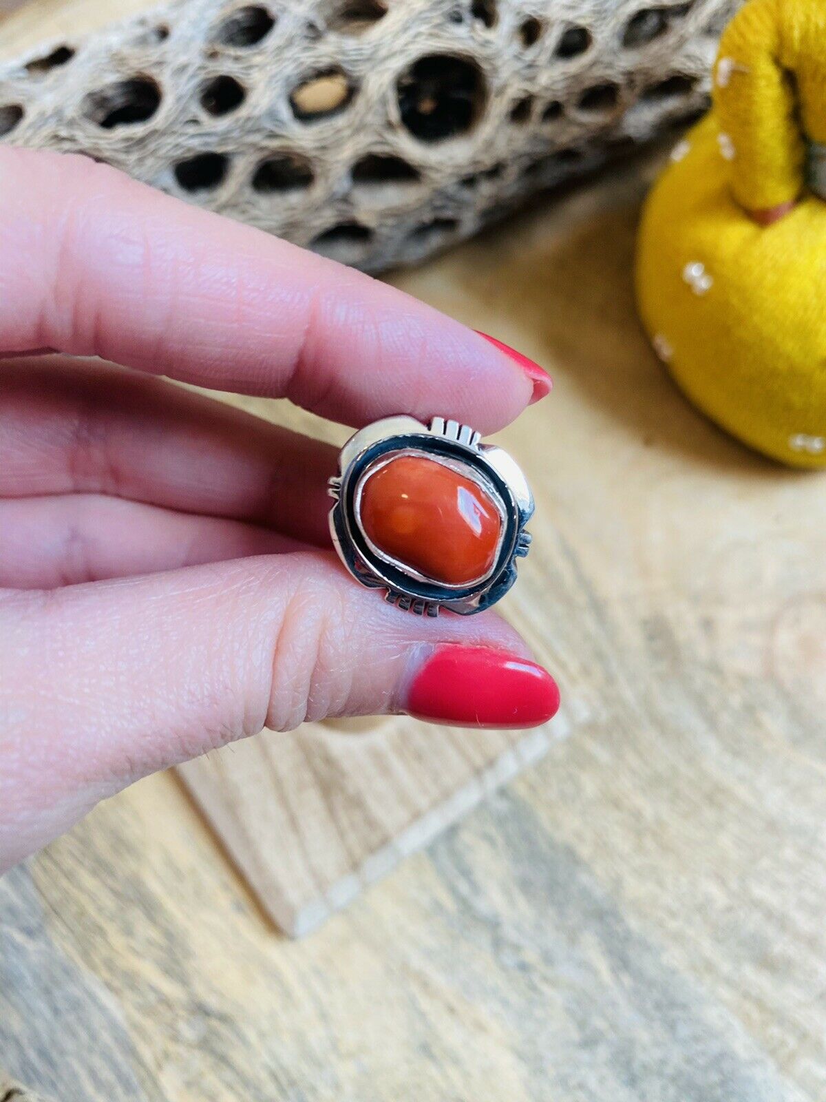 Handcrafted Sterling Silver & Orange Spiny Ring Size 5.75