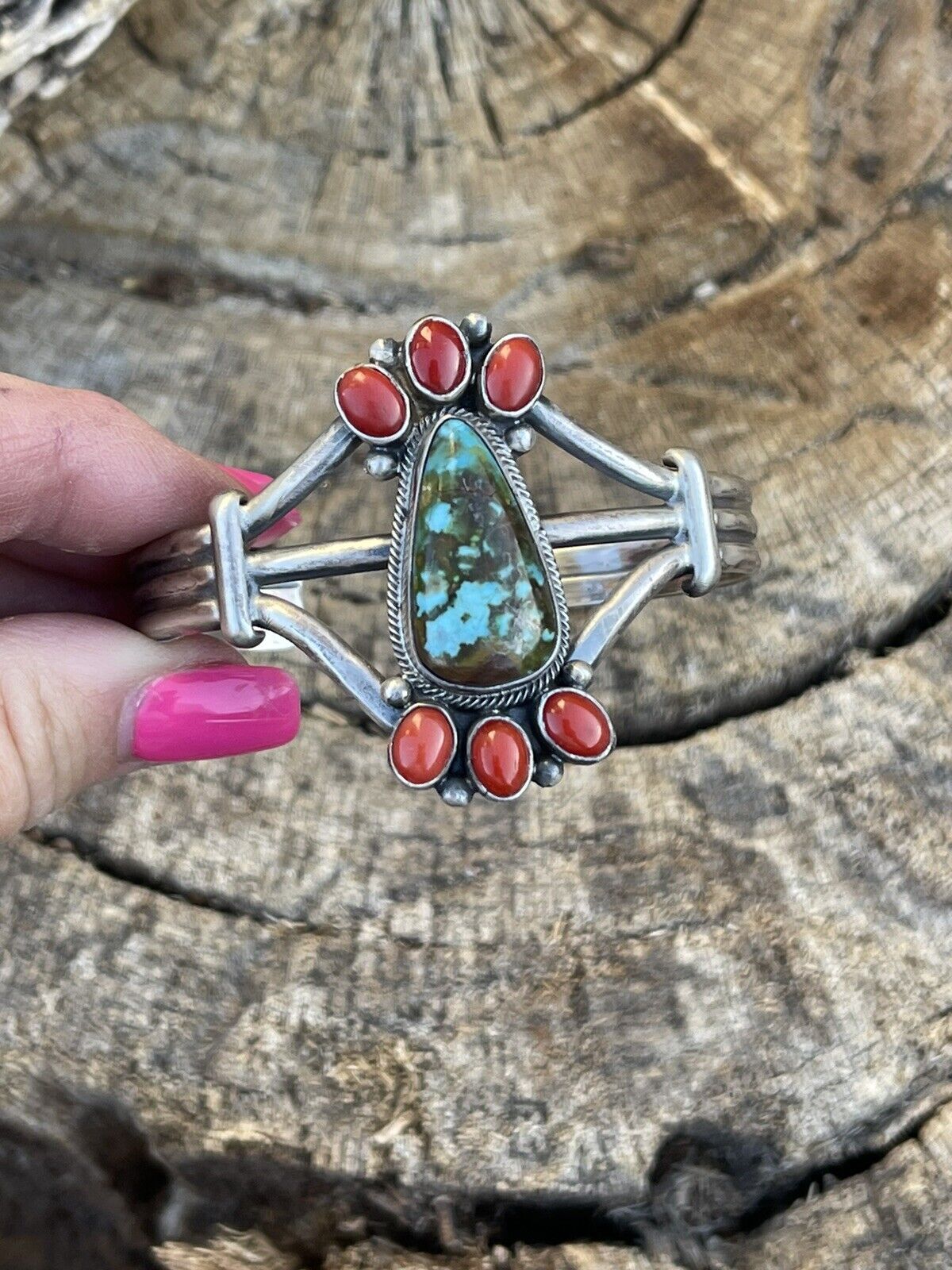 Navajo Sterling Kingman Web Turquoise & Red Coral Taos Bracelet Cuff by Bobby Johnson /