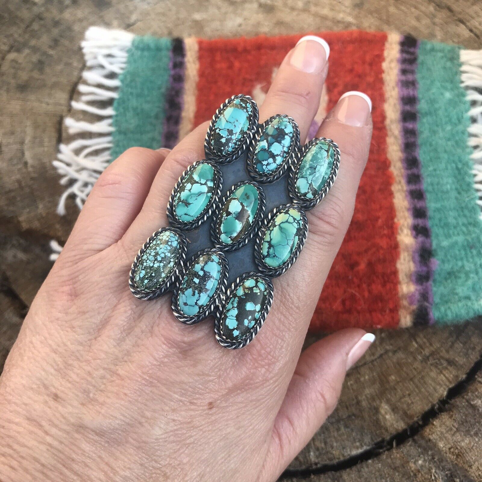 Handcrafted Tibetan Turquoise Sterling Silver Statement Ring Sz 8.5 Kevin Billah