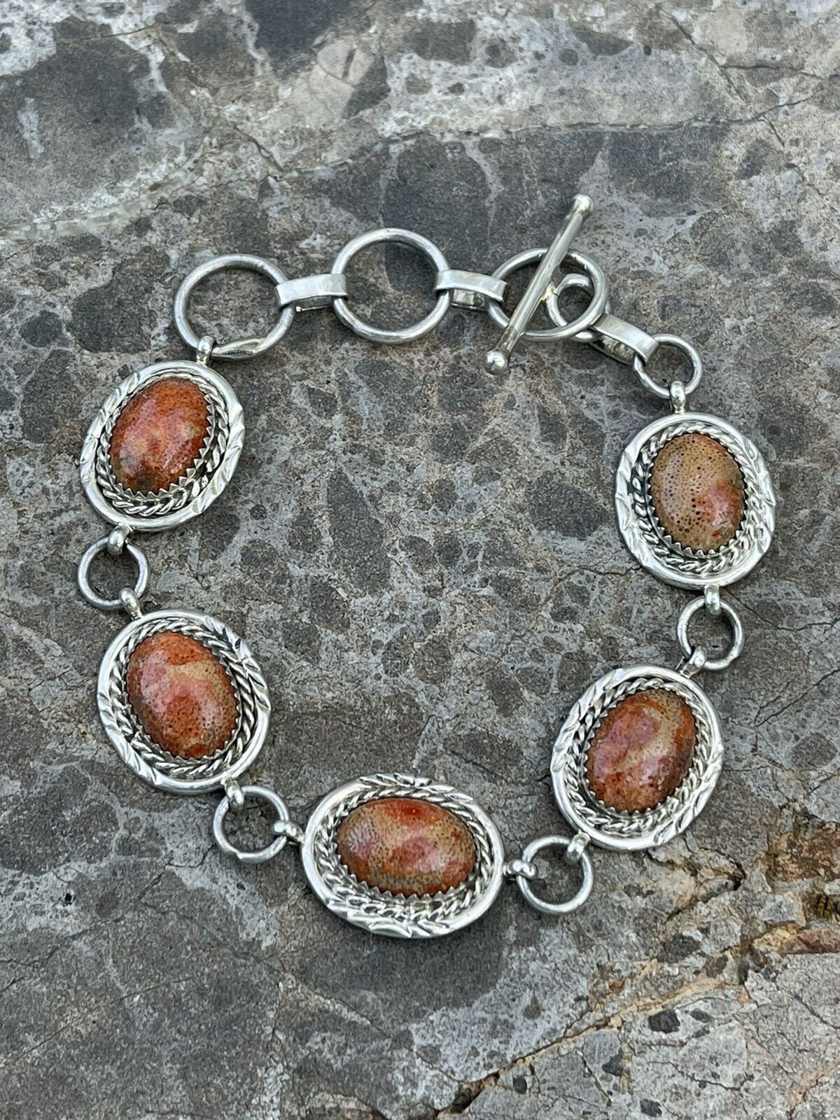 Handcrafted Rust Jasper & Sterling Silver Link Oval Southwest Bracelet