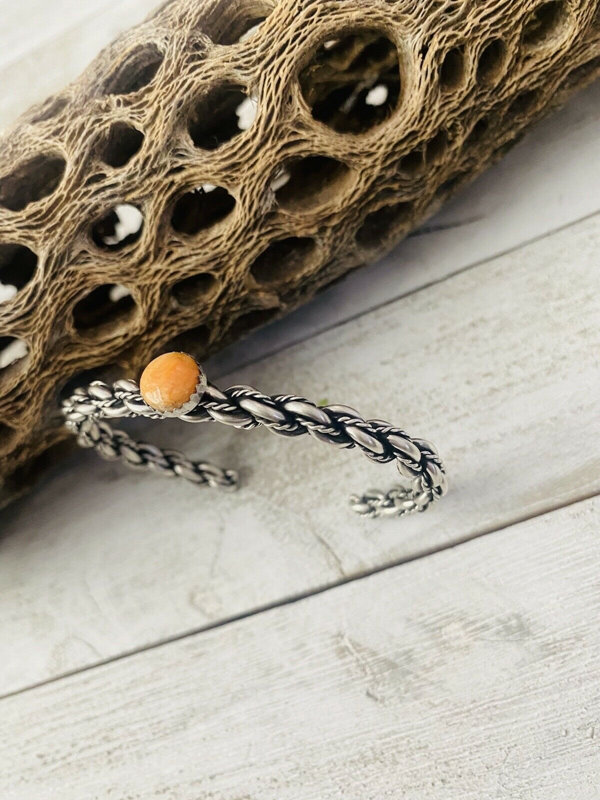 Handcrafted Sterling Cuff & Orange Spiny Twisted Cuff Bracelet