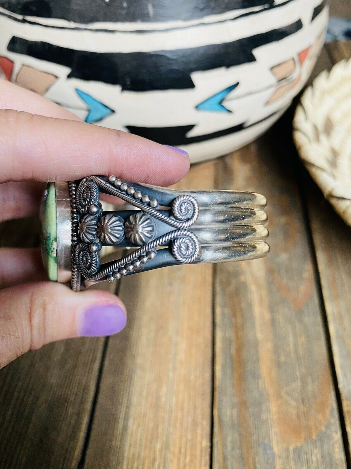 Handcrafted Sonoran Gold Turquoise & Sterling Silver Cuff Bracelet By M&R Calladitto