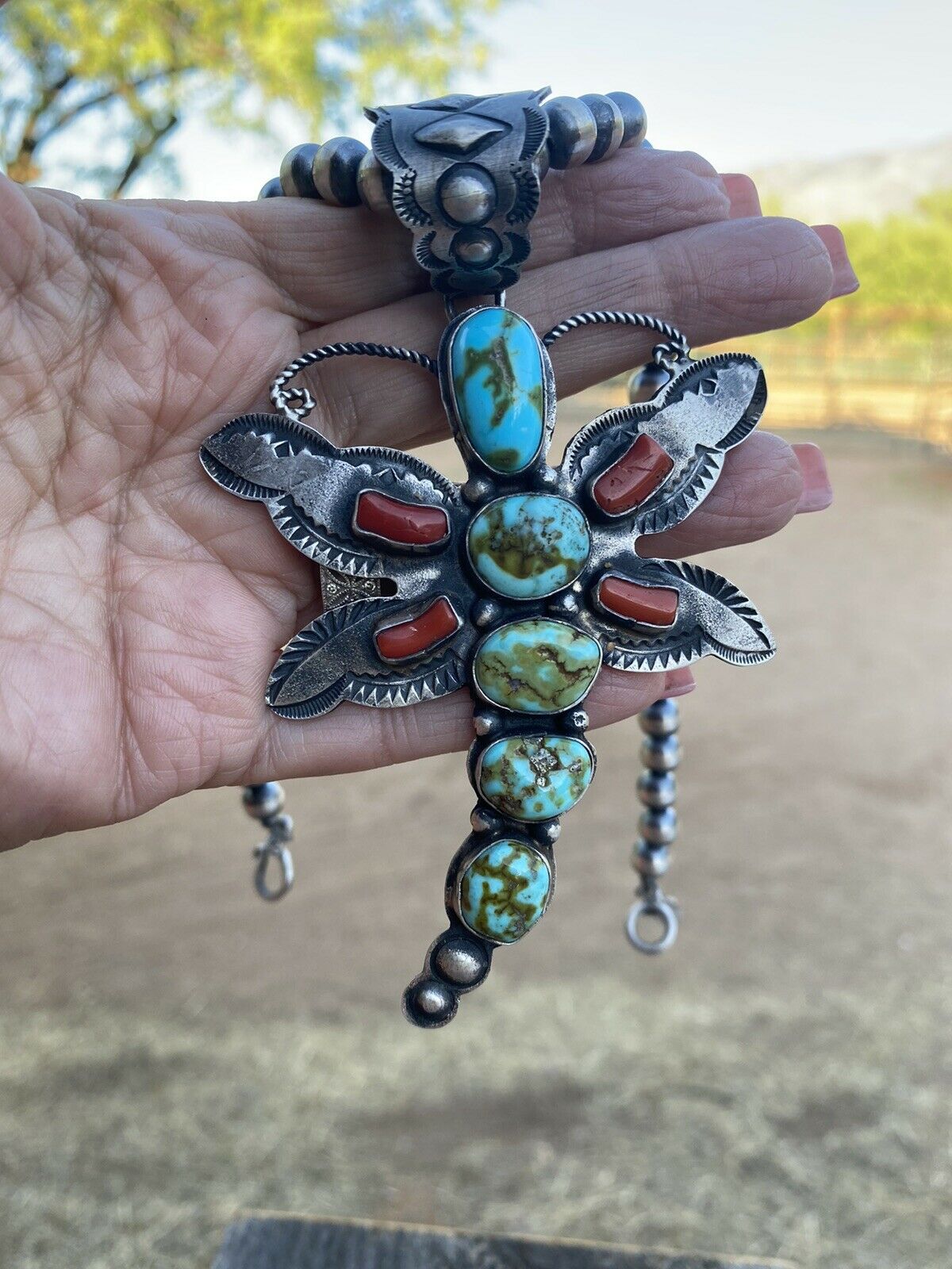 Handcrafted Shawn Cayatenito Sterling Silver Kingman Turquoise & Coral Dragonfly Pendant