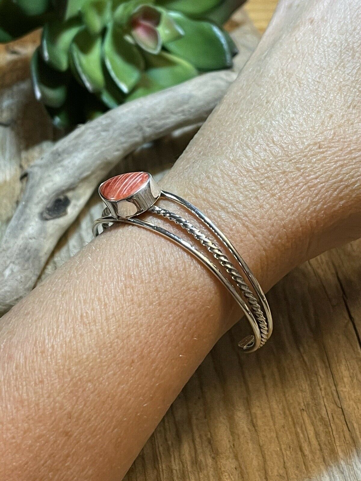 Handcrafted Teardrop Orange Spiny Sterling Silver Bracelet Rope Style Cuff
