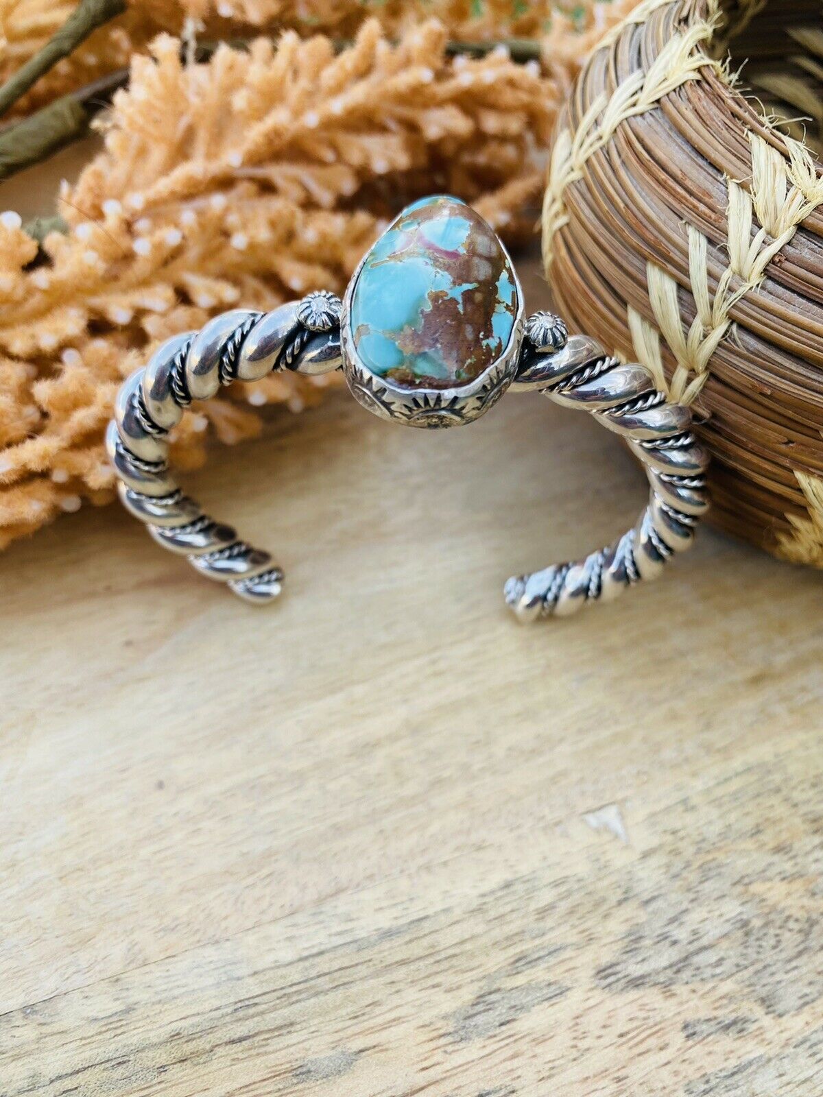 Handcrafted & Hand Stamped Sterling Silver & Royston Turquoise Cuff Bracelet