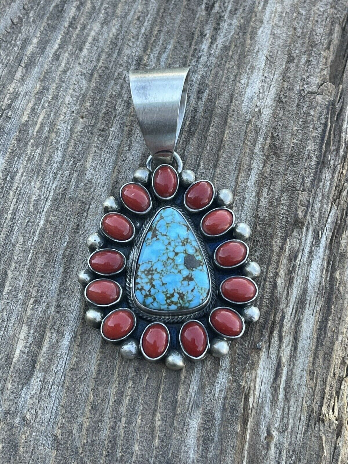 Handcrafted Sterling Kingman Web Turquoise & Red Coral Taos Pendant Kathleen Chavez