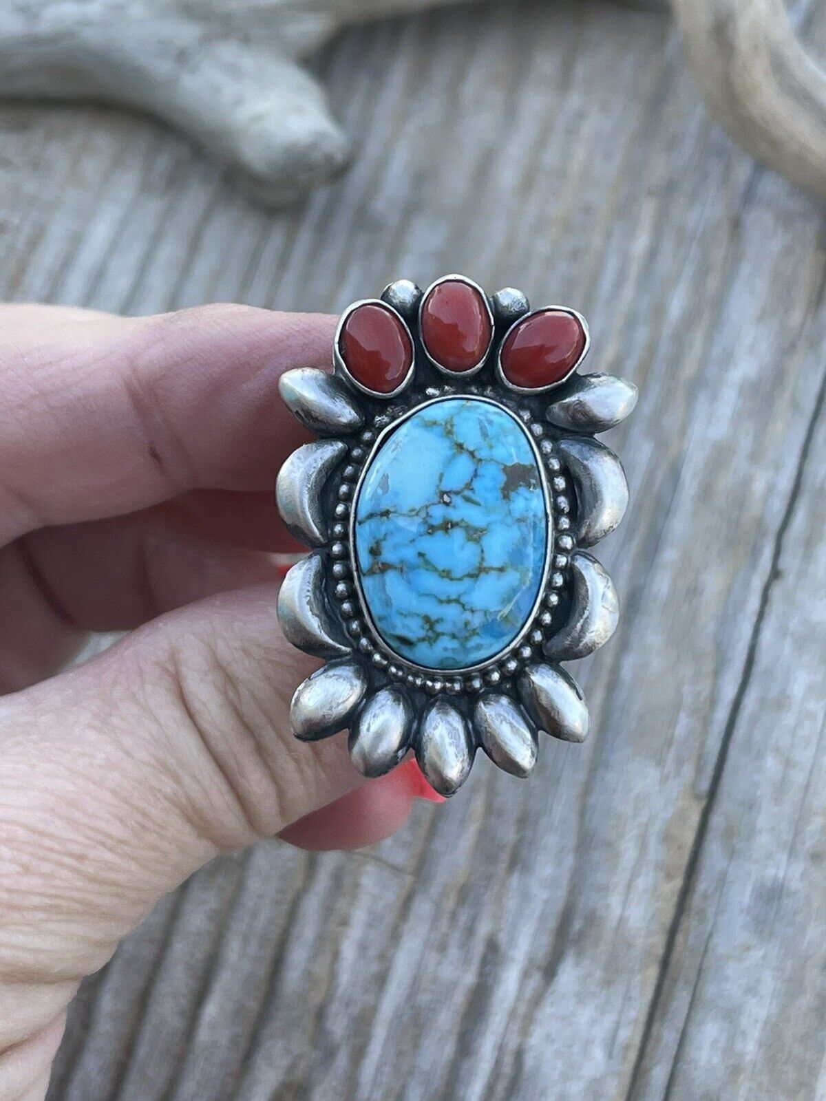 Navajo Sterling Kingman Web Turquoise & Red Coral Taos Collection Ring by Danny Clark, Sz 6.5