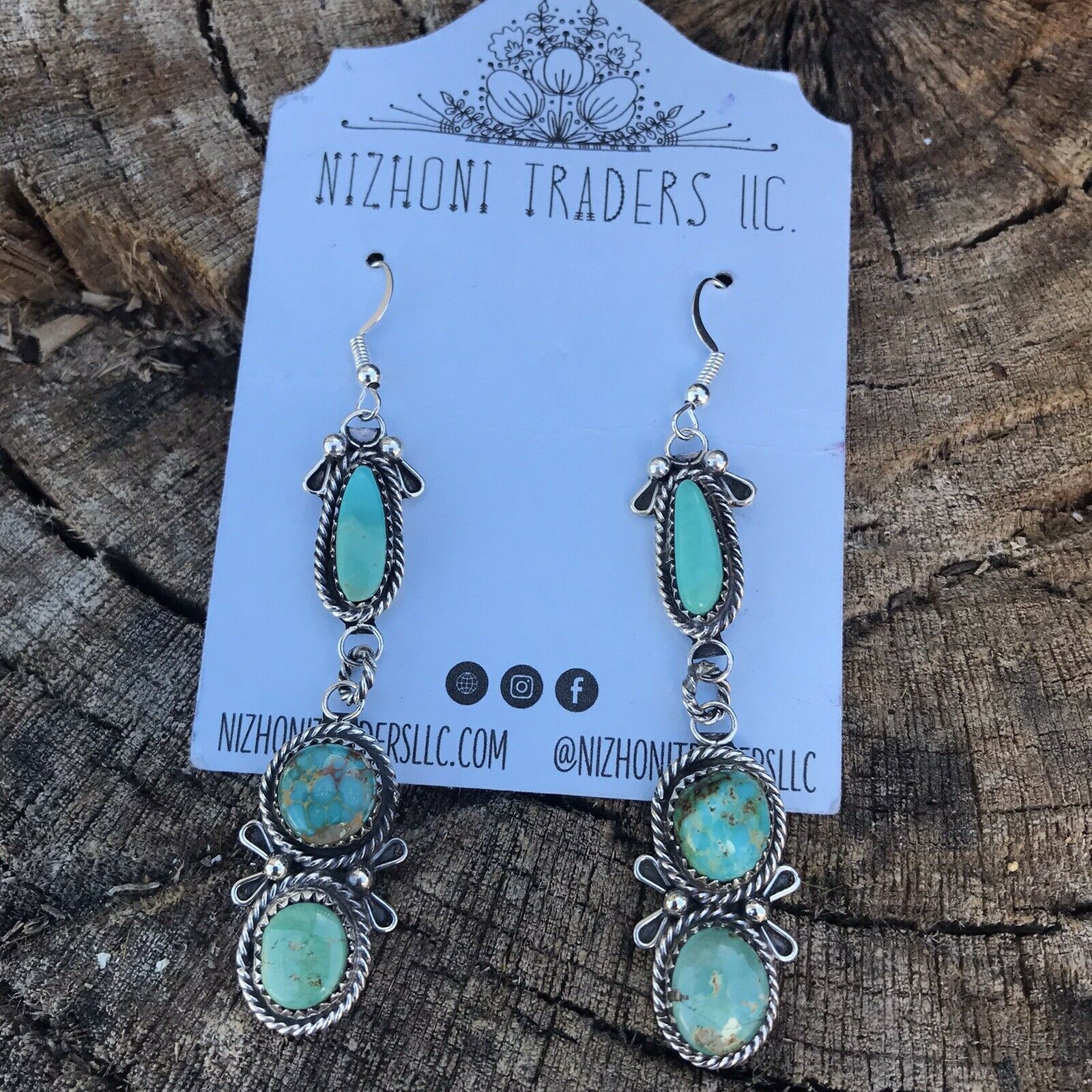 Handcrafted Mixed Turquoise & Sterling Silver Dangles Signed