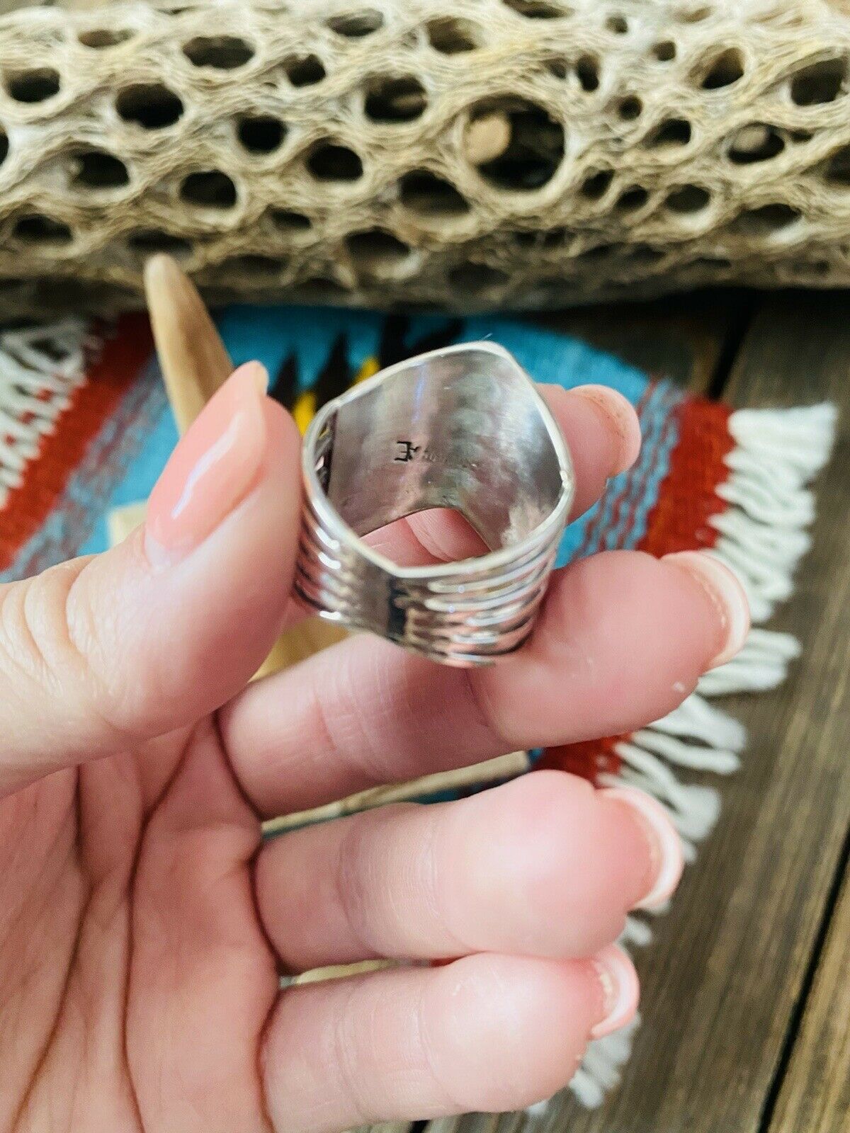 Handcrafted Sterling Silver & Pink Opal Inlay 5 Row Stacker Ring