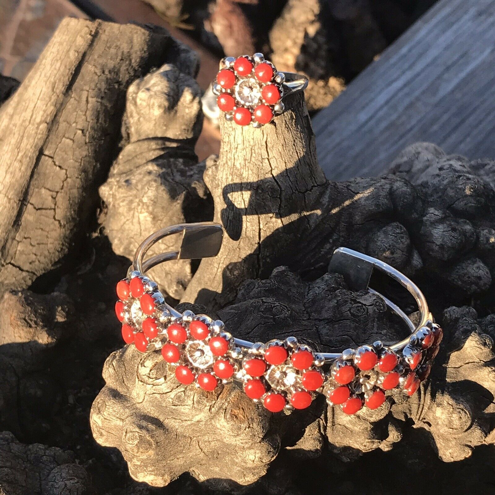 Handcrafted Coral & Sterling Silver Cuff Bracelet And Ring Set Signed And Stamped