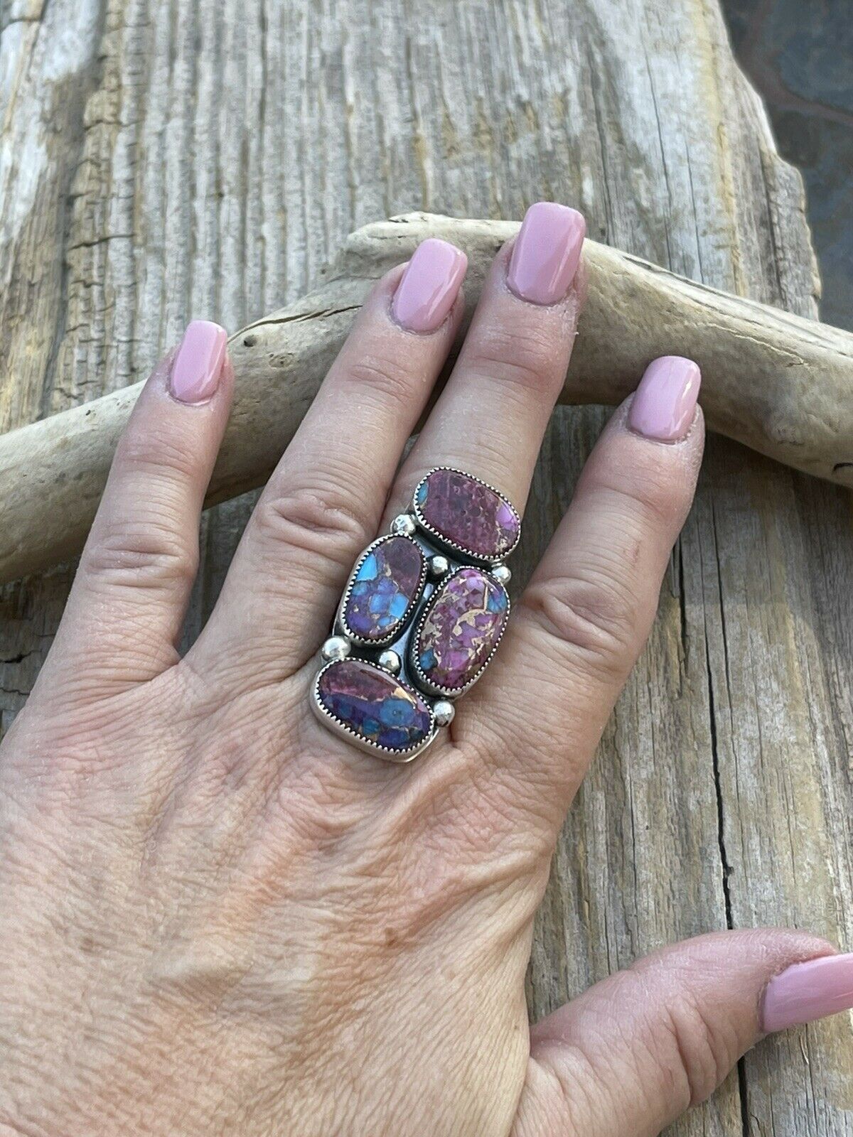 Handcrafted 4 stone Pink Dream Mohave & Sterling Silver Ring Size 6