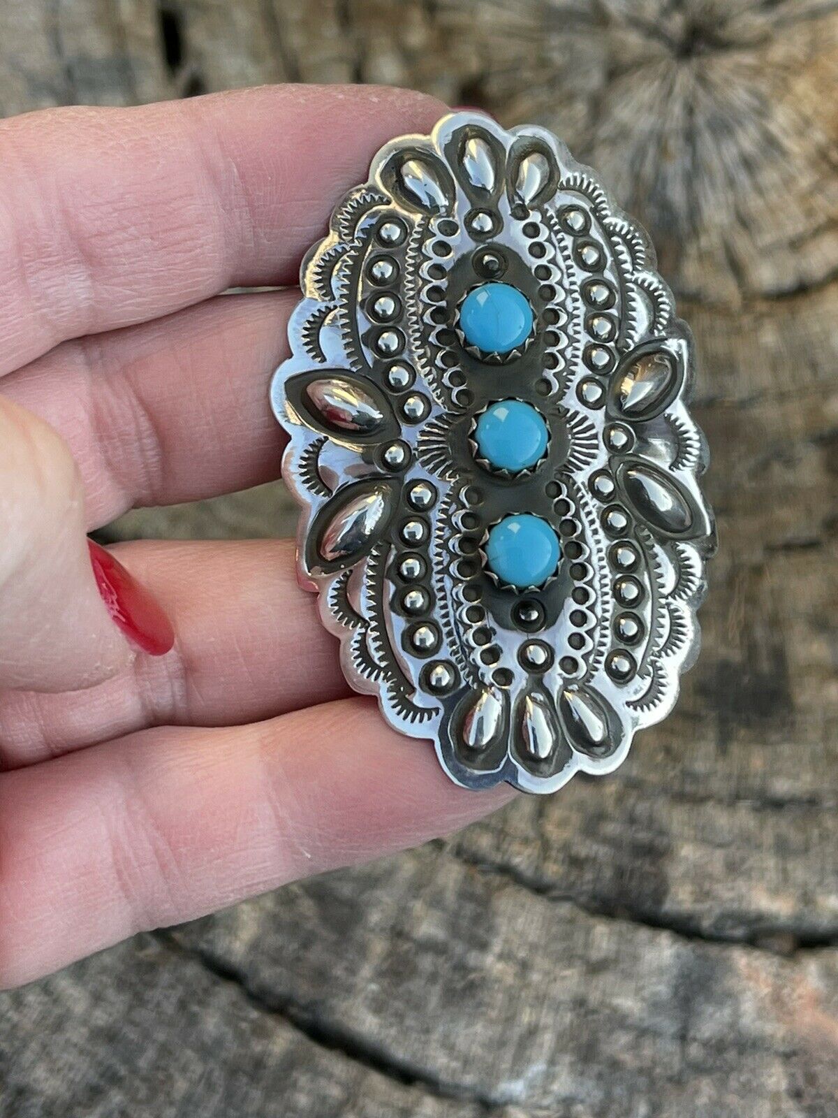 Handcrafted 3 Stone Turquoise & Sterling Silver Concho Ring Adjustable Signed L.Tahe