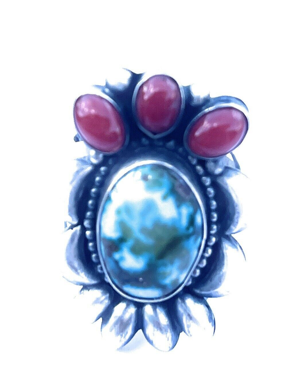 Handcrafted Sterling Silver Kingman Web Turquoise & Red Coral Taos Collection Ring Sz 8.5
