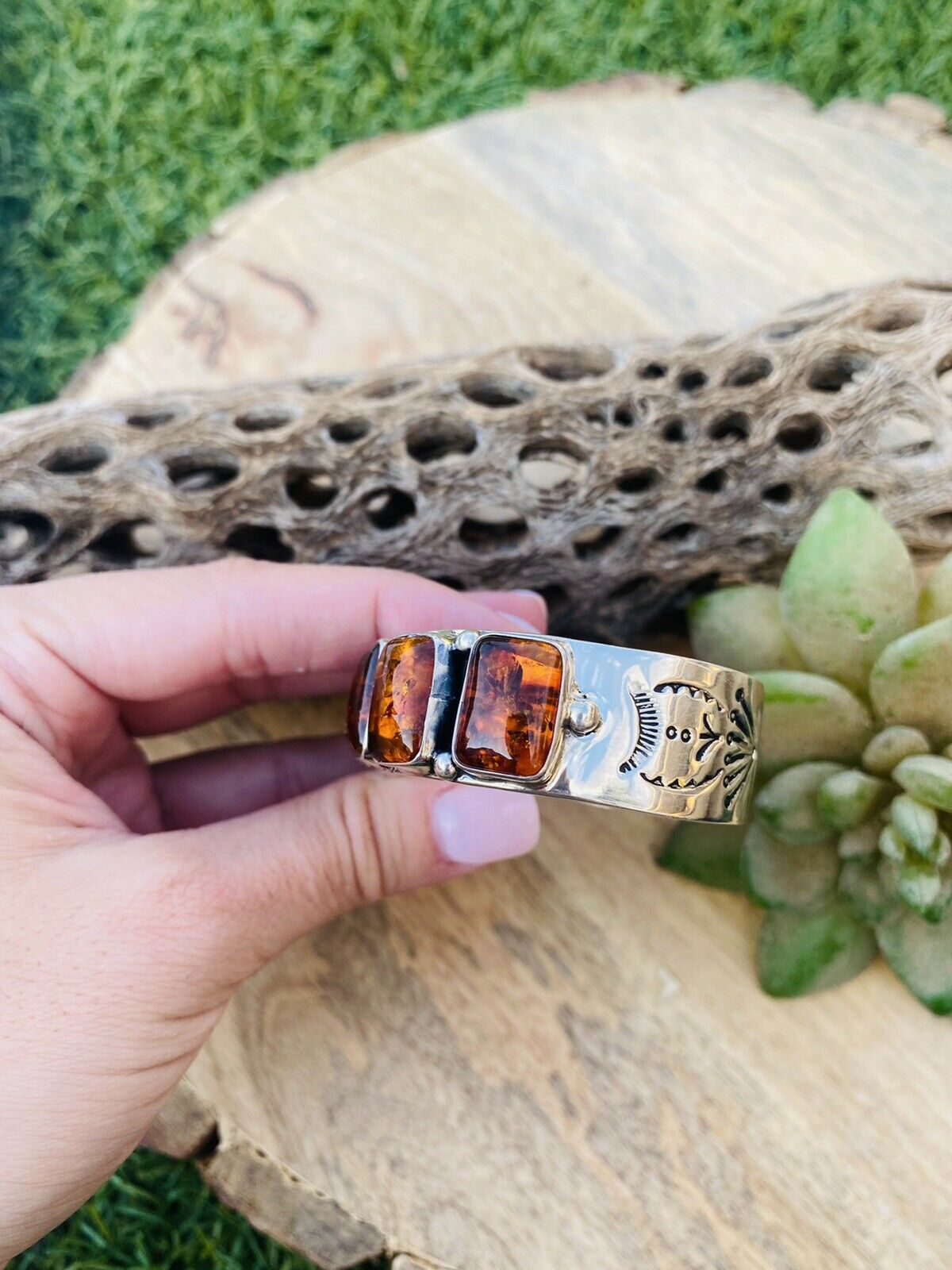 Handcrafted Sterling Silver Topaz Cuff Bracelet Signed