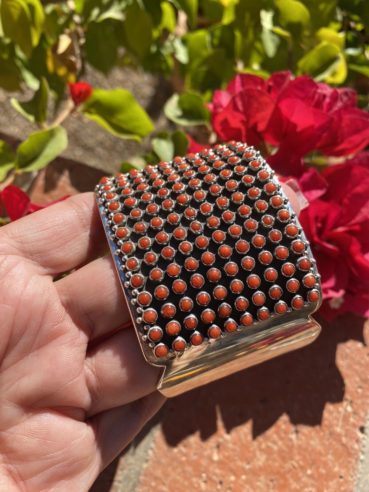 Navajo Natural Coral & Sterling Silver Cuff Bracelet By Paul Livingston /