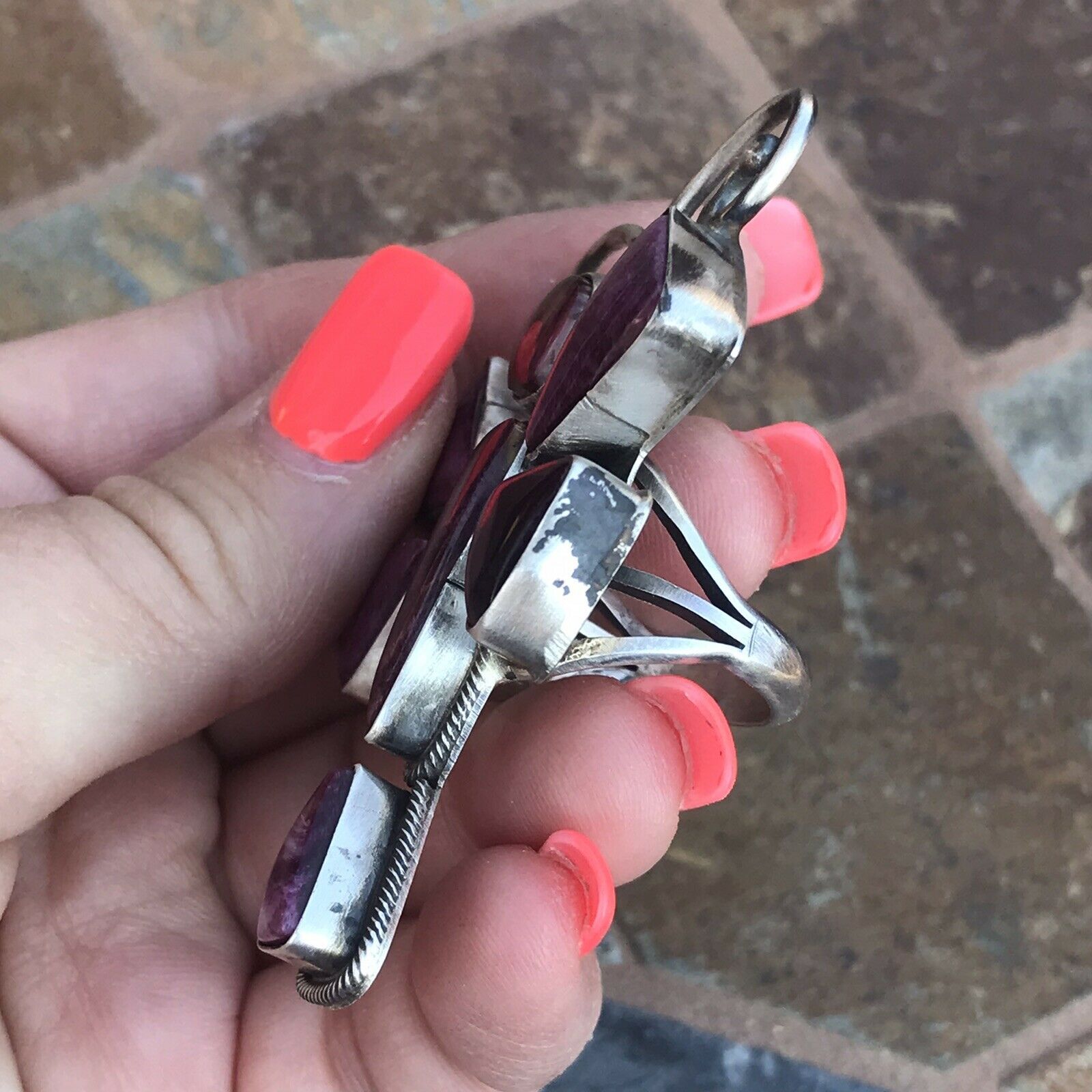 Handcrafted Sterling Silver Purple Spiny Oyster Dragonfly Ring Sz 6.5