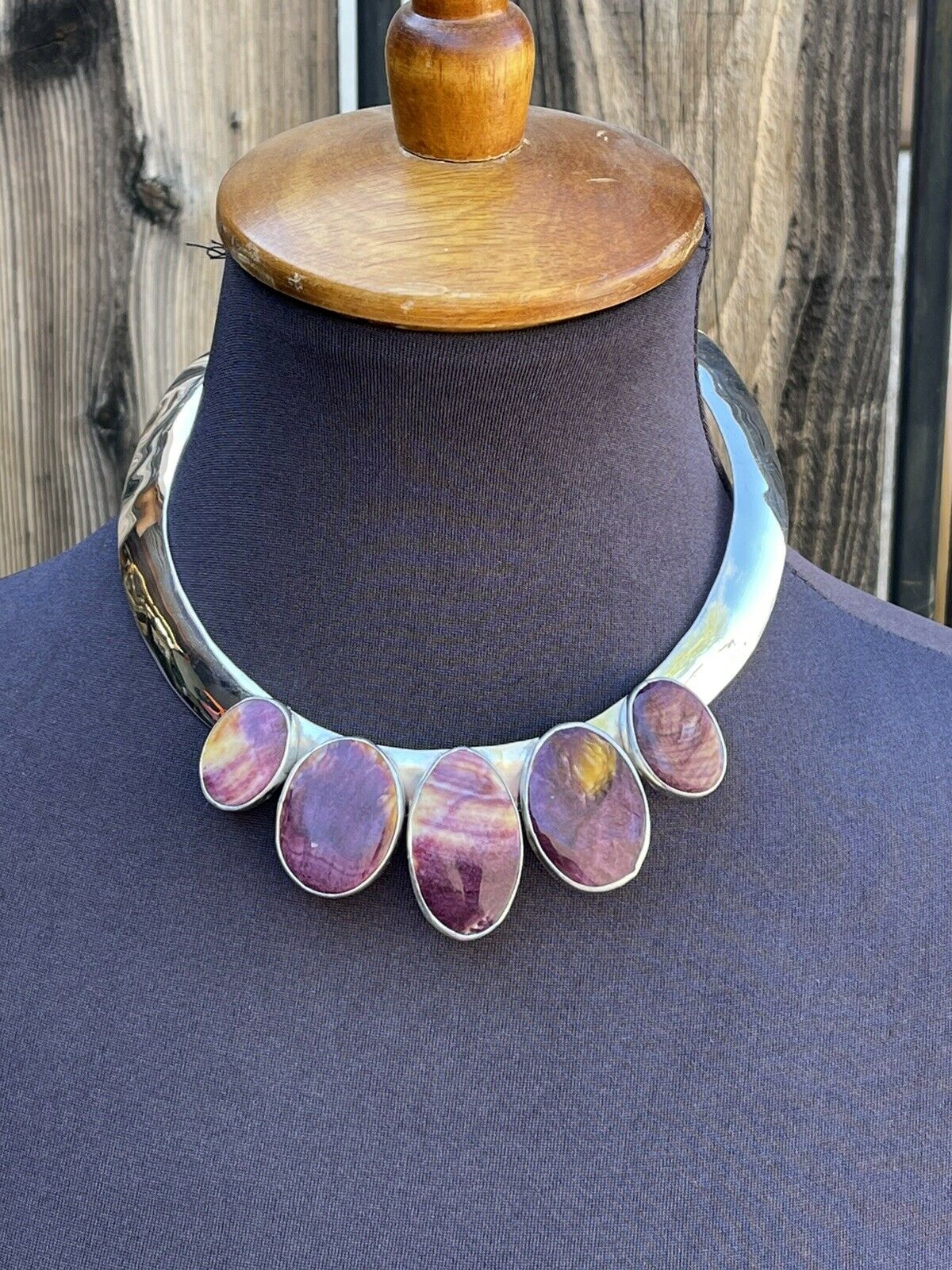 Handcrafted Sterling Silver & Spiny 5 Stone Choker Necklace Signed