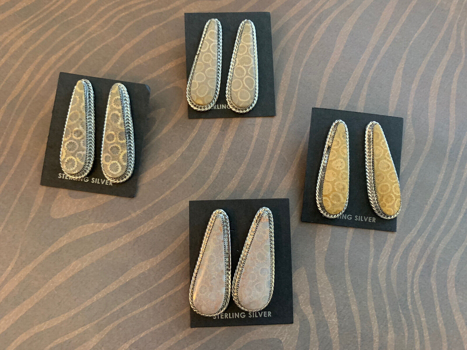 Handcrafted Fossilized Coral & Sterling Silver Post Earrings Signed