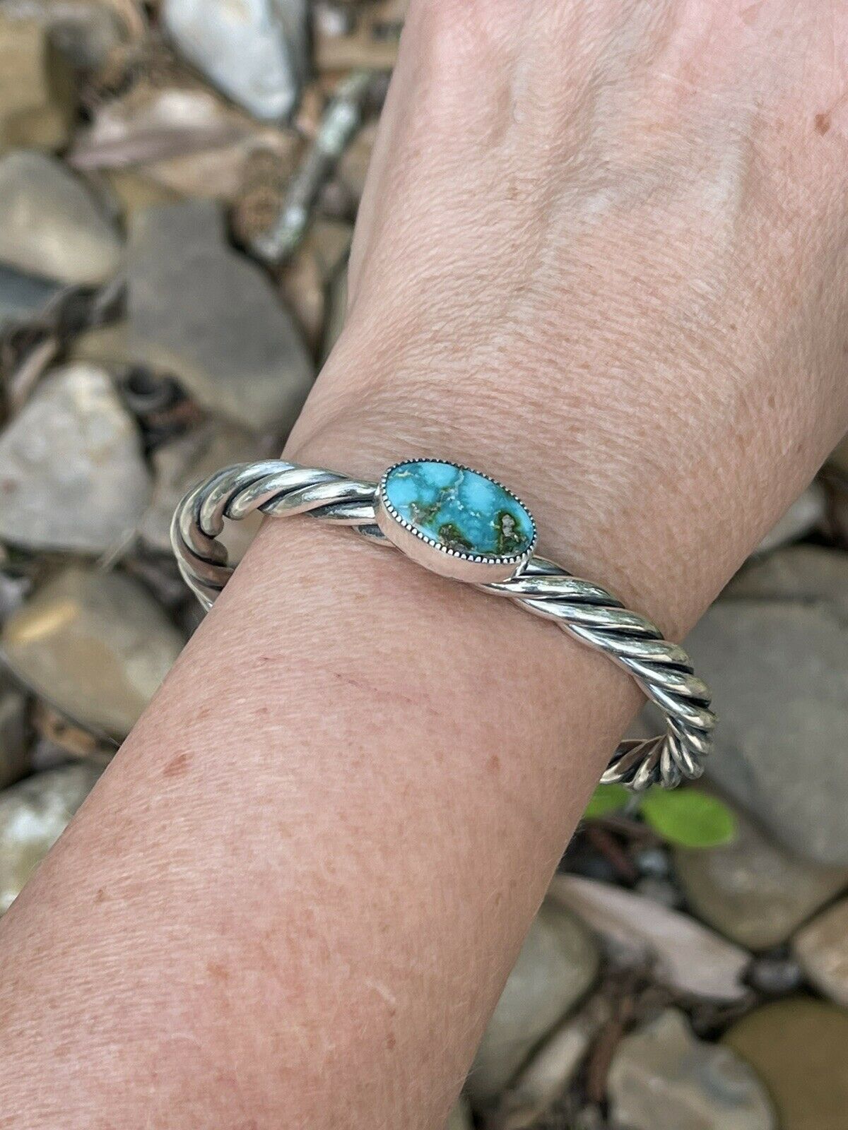 Handcrafted Sterling Sonoran Mountain Turquoise Rope Style Bracelet Cuff
