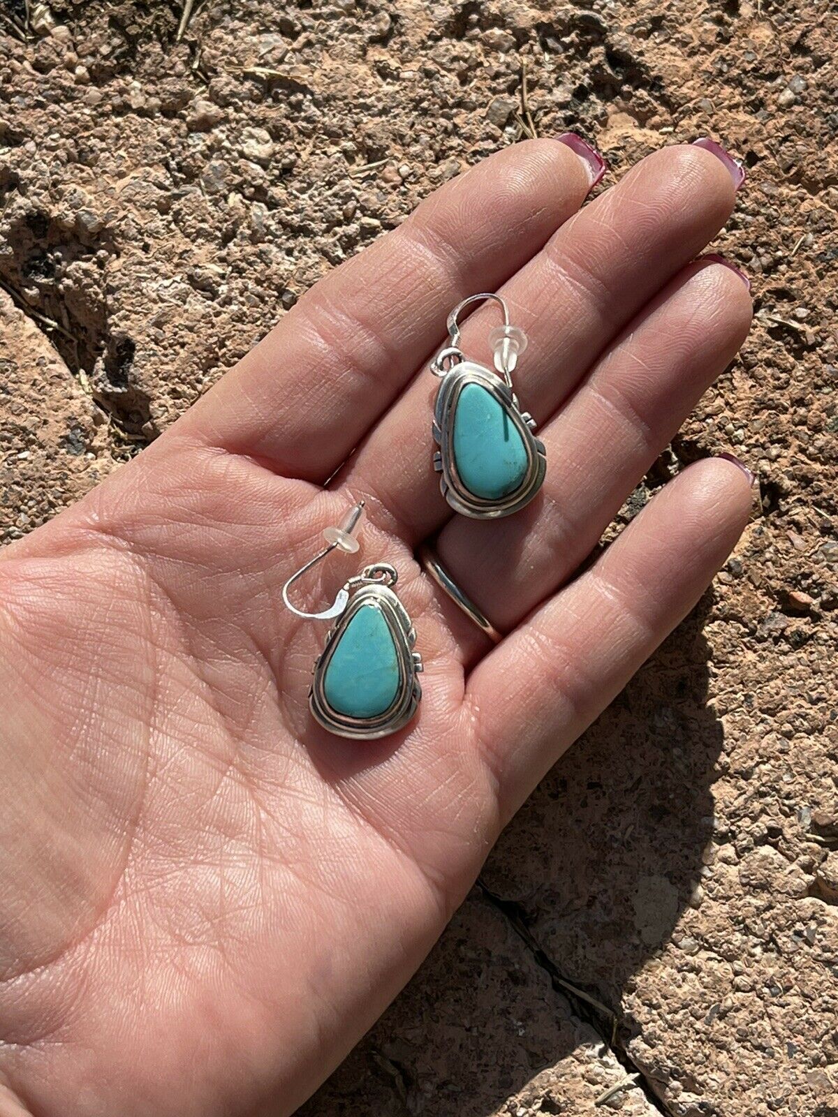 Handcrafted Sterling & Turquoise Teardrop Dangle Post Earrings Signed P. A Smith