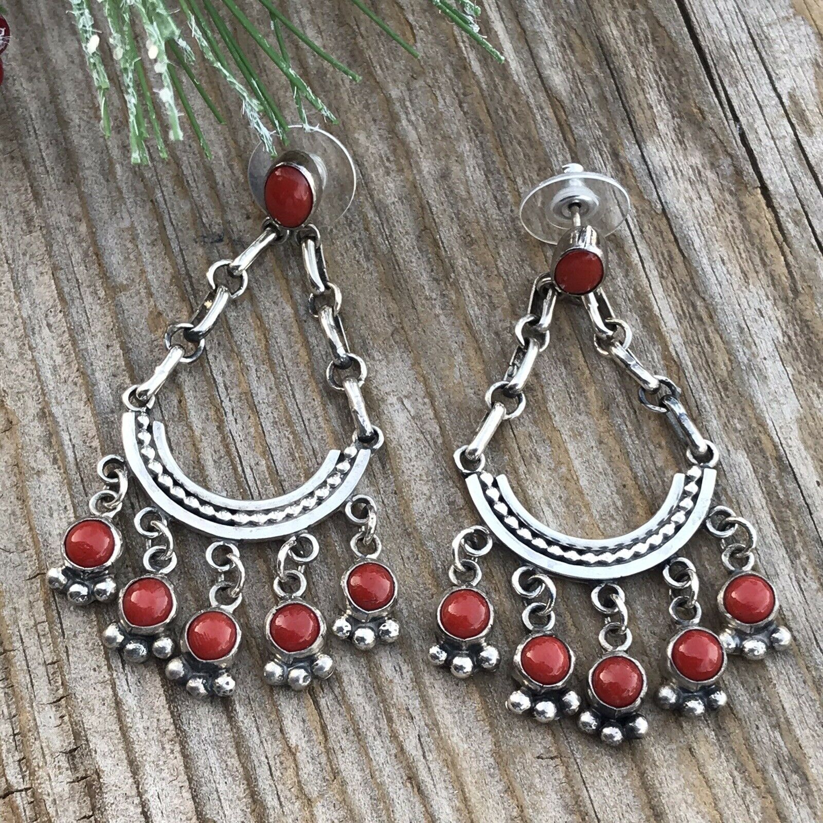 Handcrafted Natural Red Coral Sterling Silver Chandelier Style Dangle Earrings