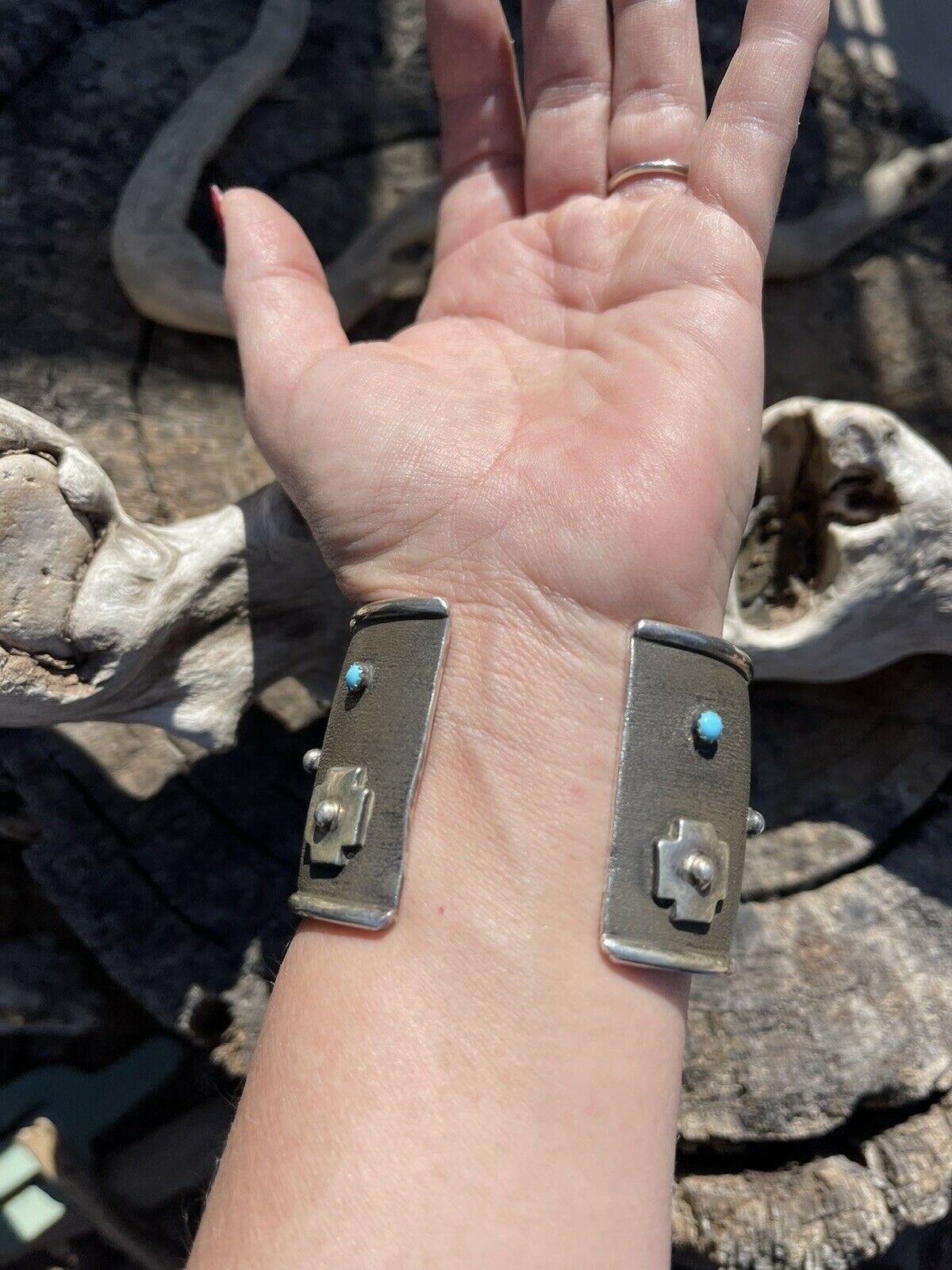 Handcrafted Sterling Silver Cross Bracelet Cuff With Turquoise Accent Stones Signed /