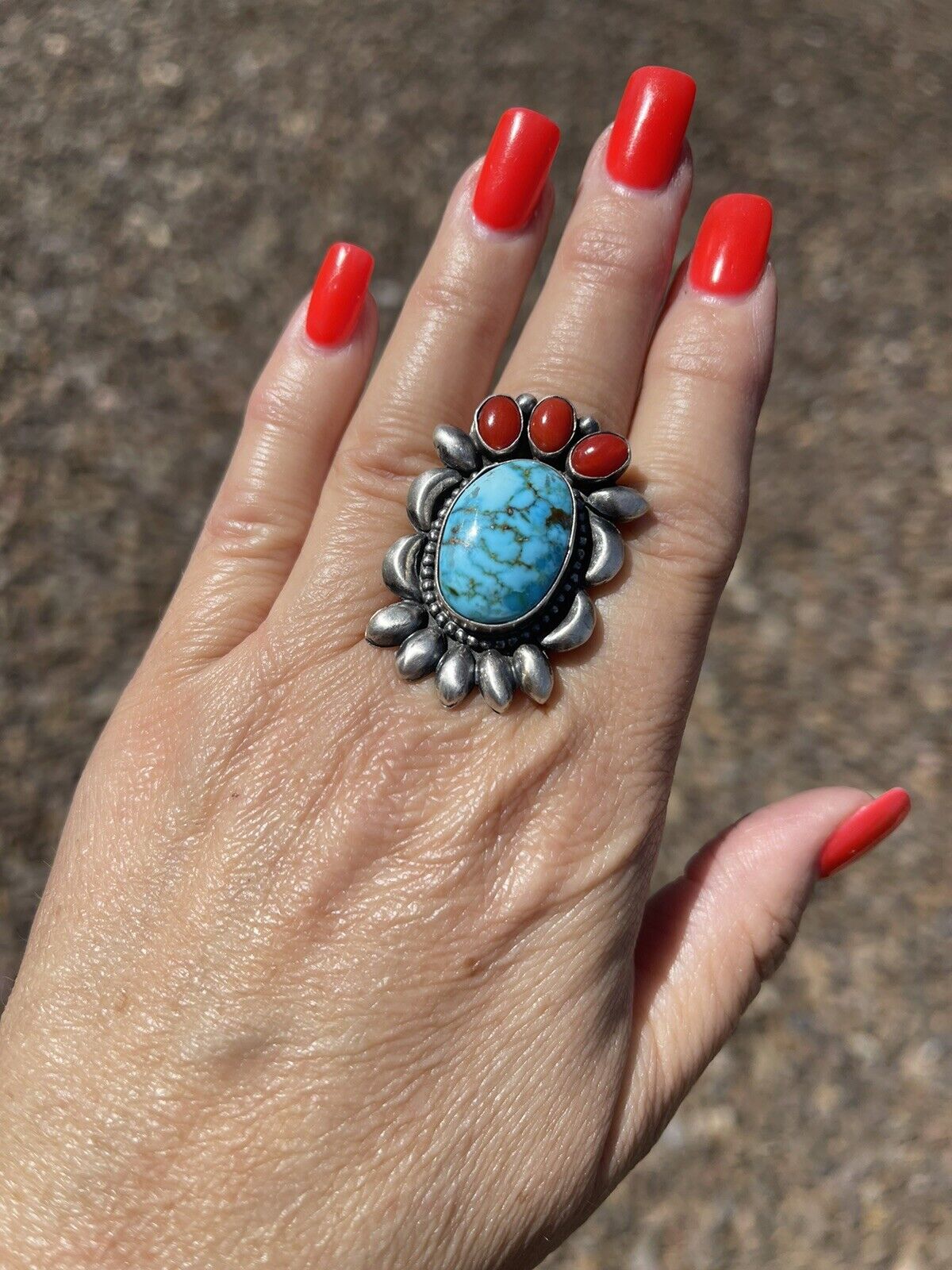 Navajo Sterling Kingman Web Turquoise & Red Coral Taos Collection Ring by Danny Clark, Sz 6.5
