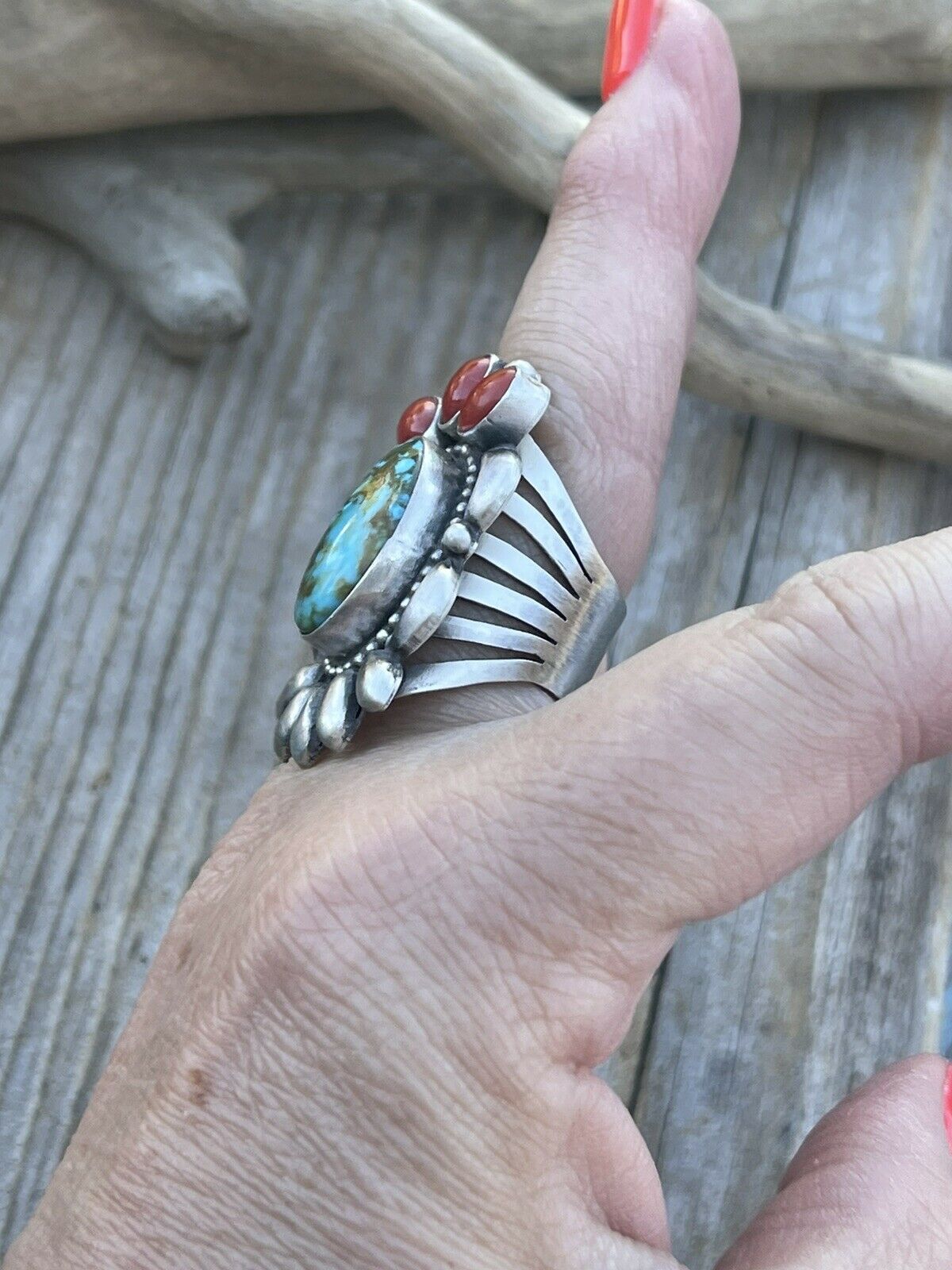 Navajo Sterling Kingman Web Turquoise & Red Coral Taos Collection Ring by Danny Clark, Sz 6.5