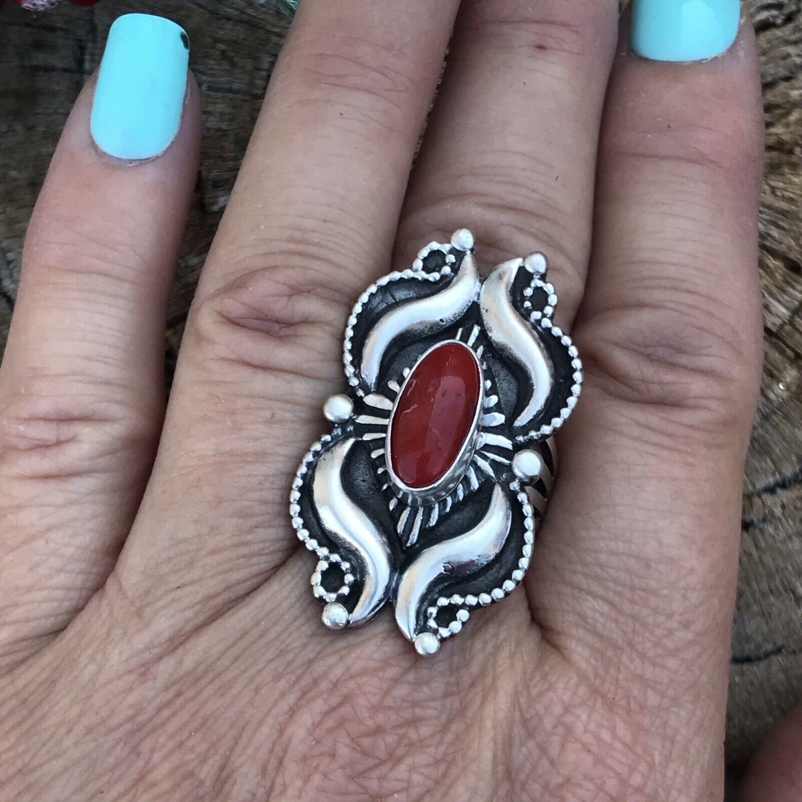 Handcrafted Sterling Silver Natural Red Coral Ring Artist L. James