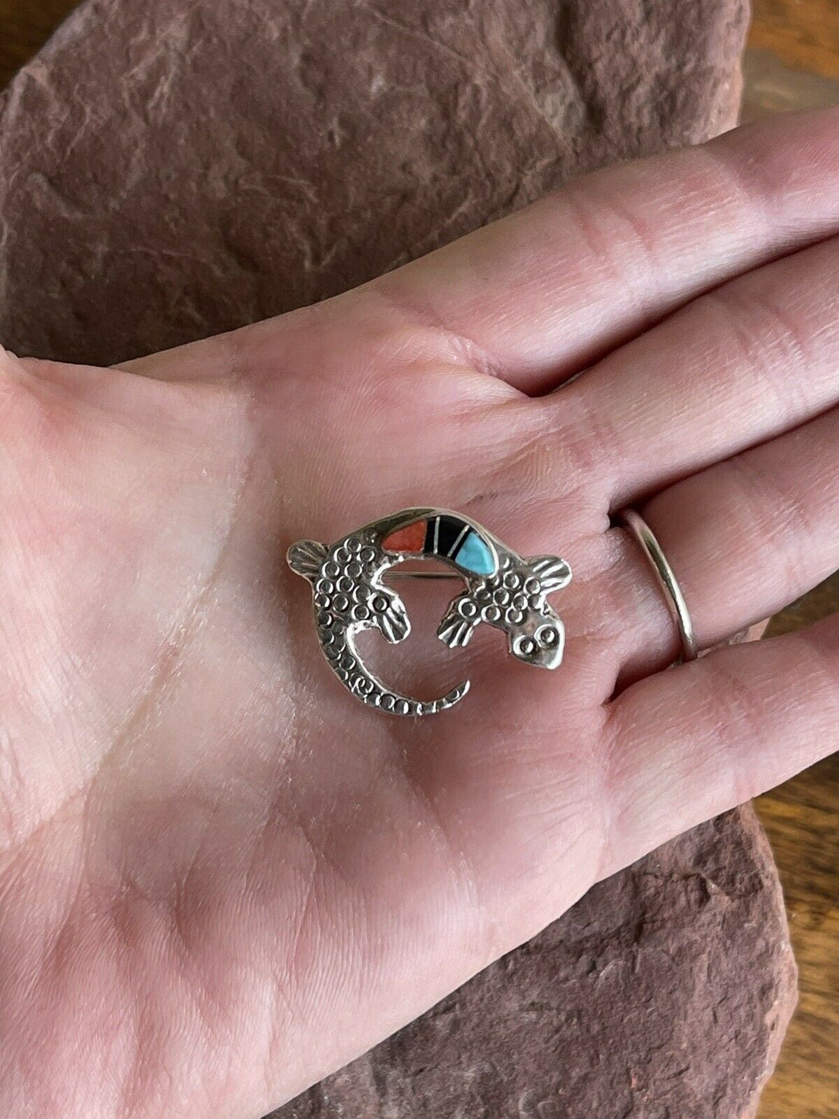 HandcraftedSterling Silver Turquoise, Onyx and Spiny Stone Lizard Pendant Pin Signed