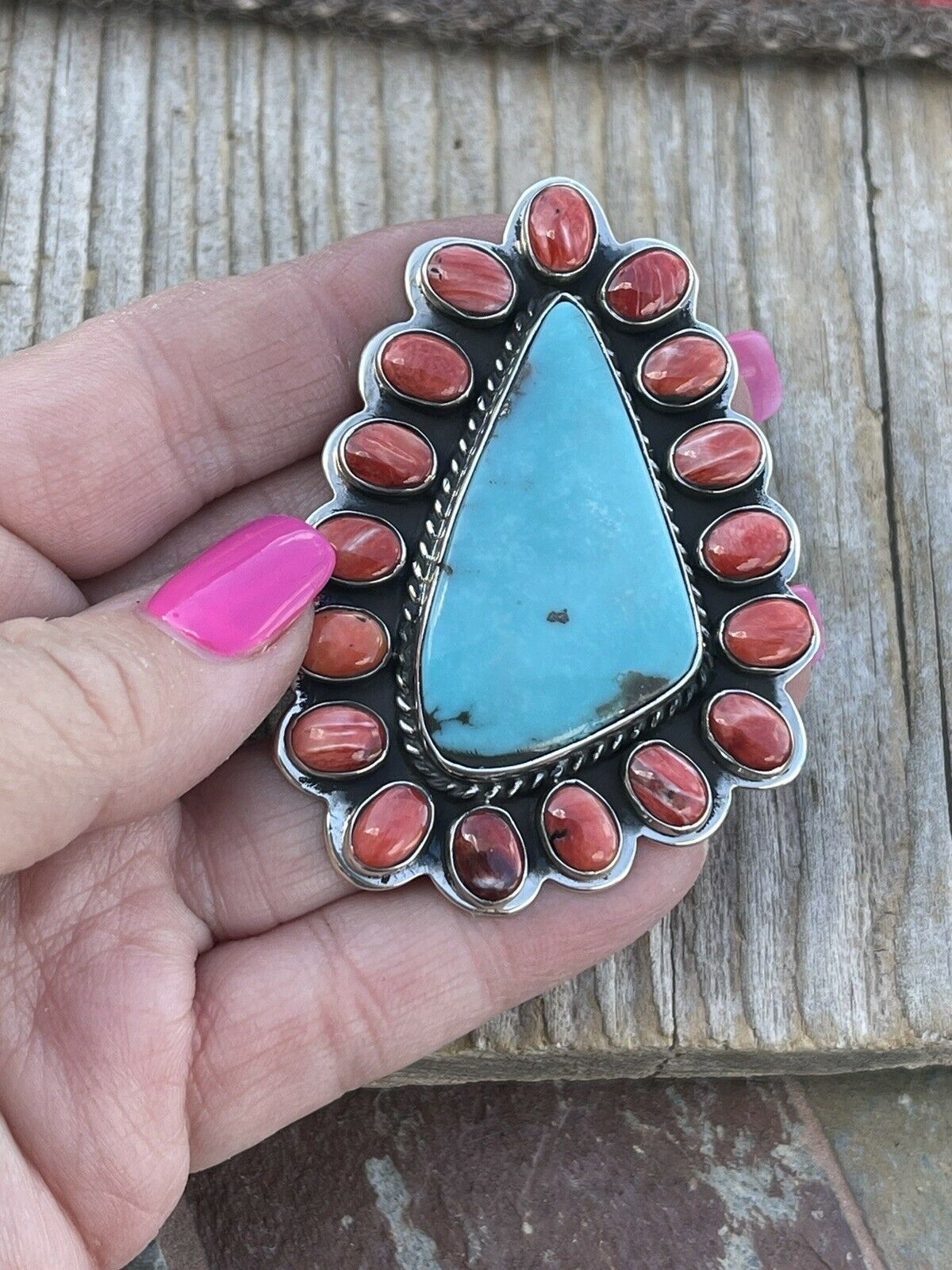 Handcrafted Cluster Fox Turquoise Spiny Sterling Silver Ring Sz Is Adjustable