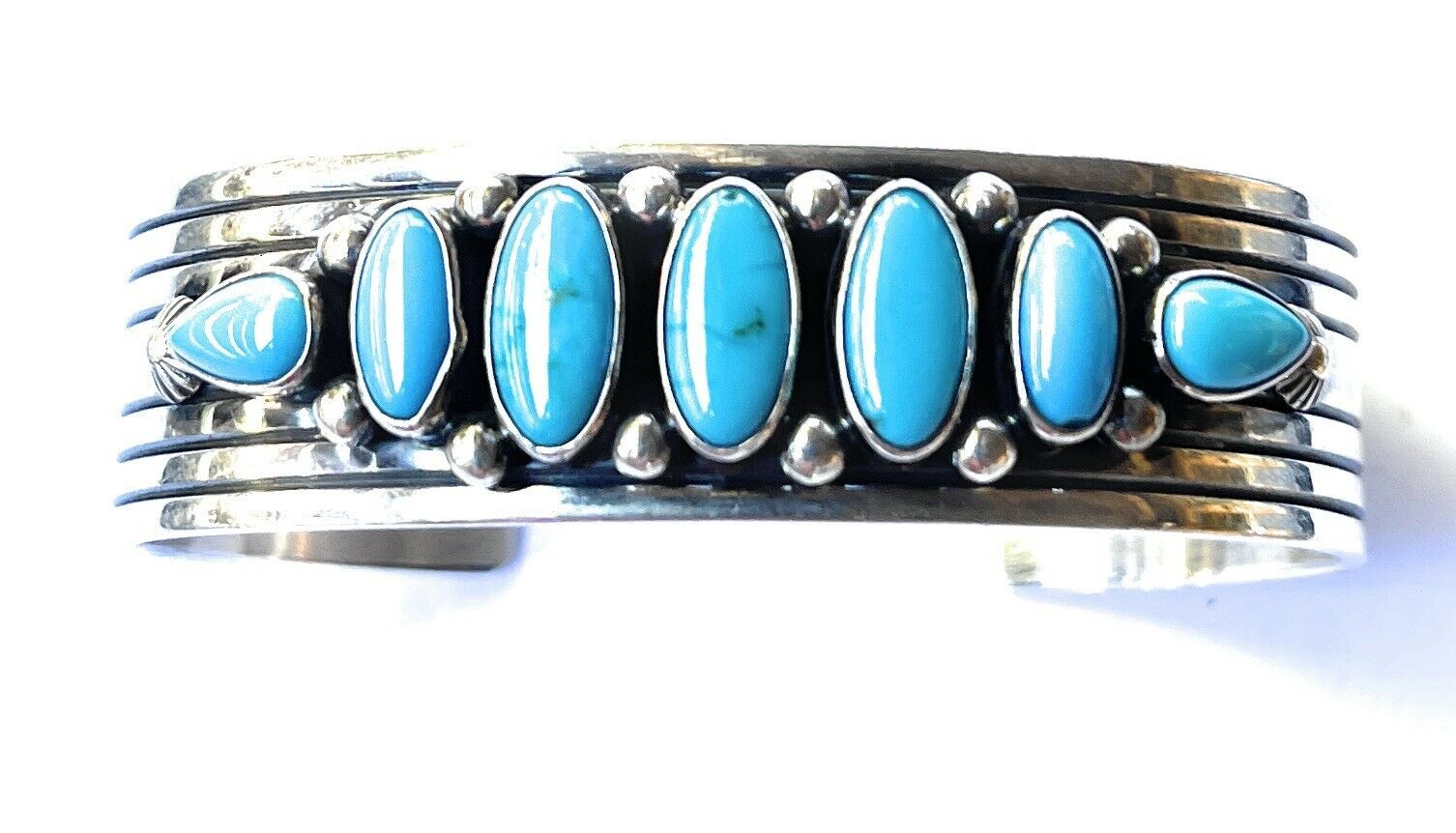 Handcrafted Sterling & Kingman Turquoise Stacker Cuff Bracelet Artist R. Bennett /