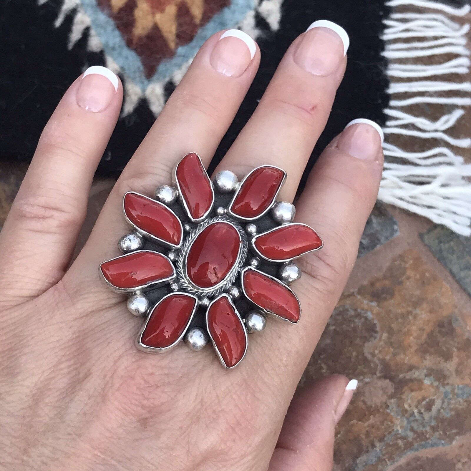Handcrafted Sterling Silver Natural Red Coral Cluster Ring Lorenzo James