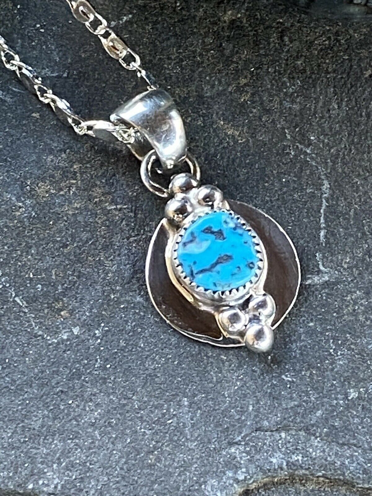 Handcrafted Handmade Sterling Silver & Kingman Turquoise Square Pendant Signed