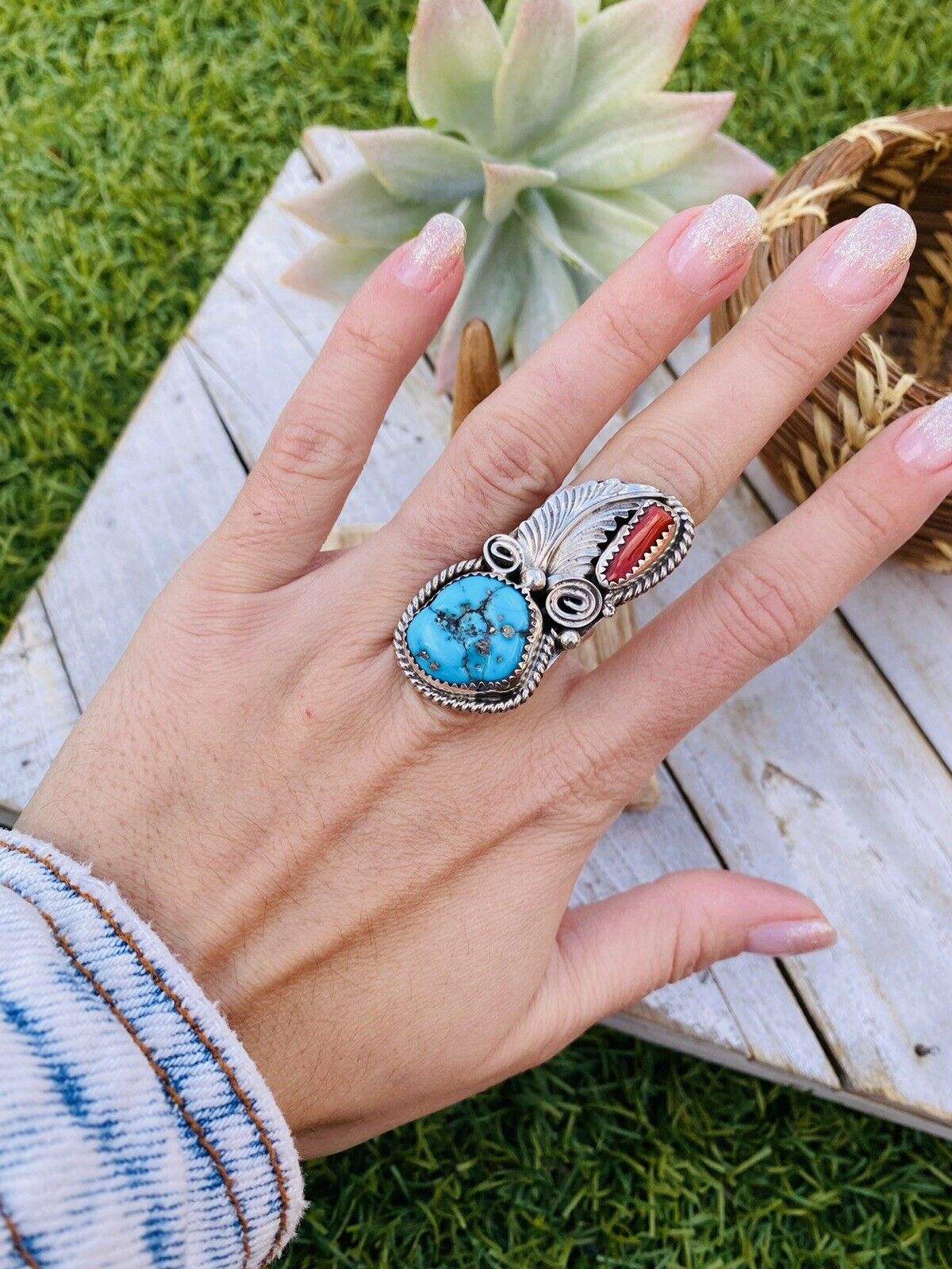 Handcrafted Turquoise, Coral & Sterling Silver Ring Size 5
