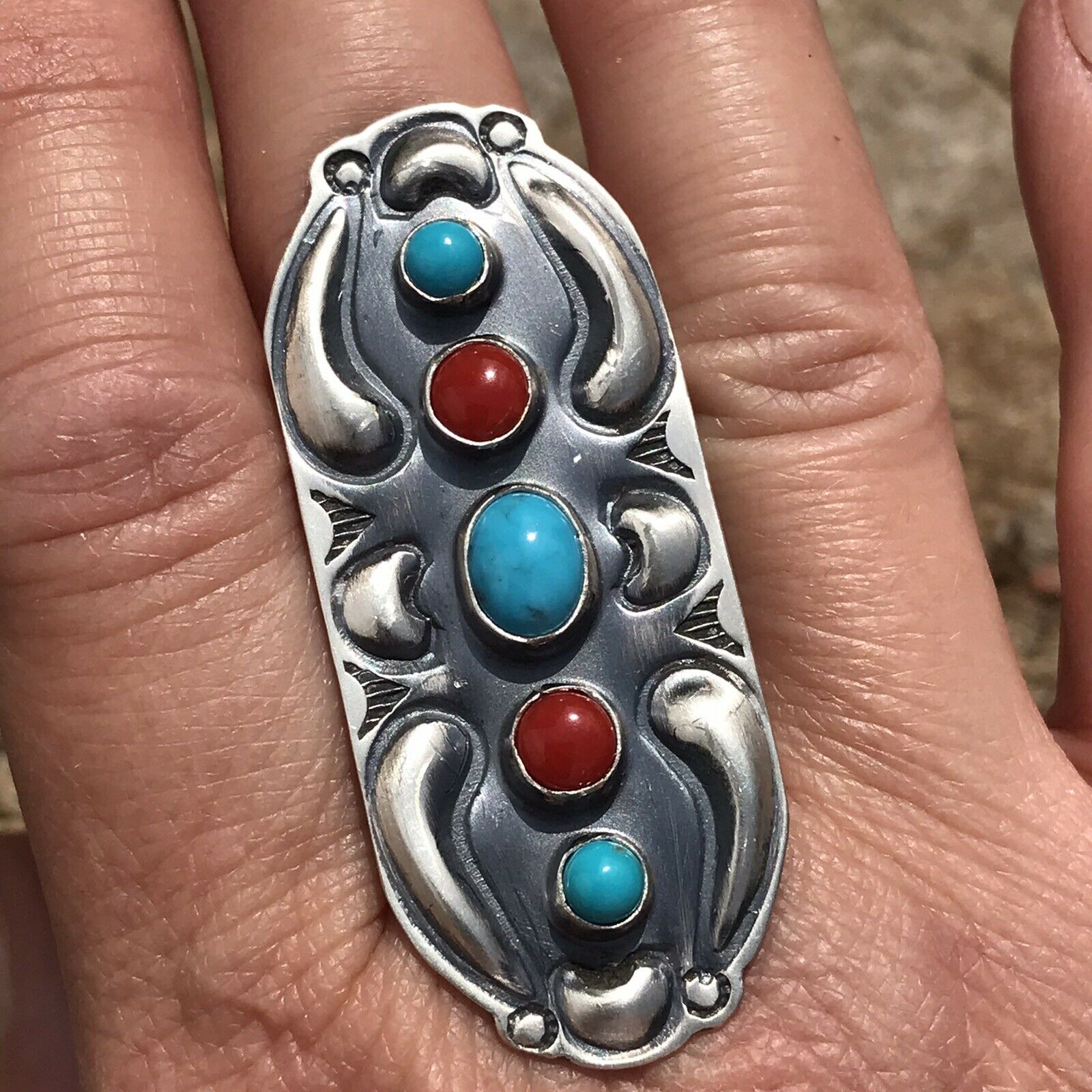 Handcrafted Sterling Silver Turquoise Coral 5 Stone Ring