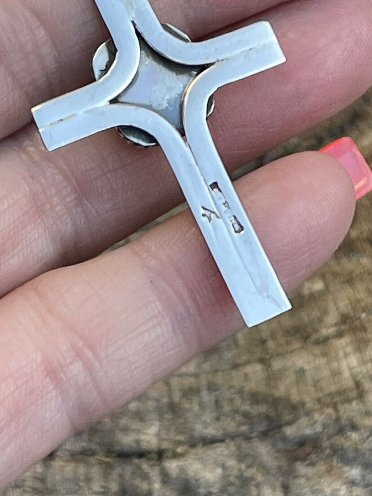 Handcrafted Sterling Silver & Orange Spiny Shell Cross Pendant Signed