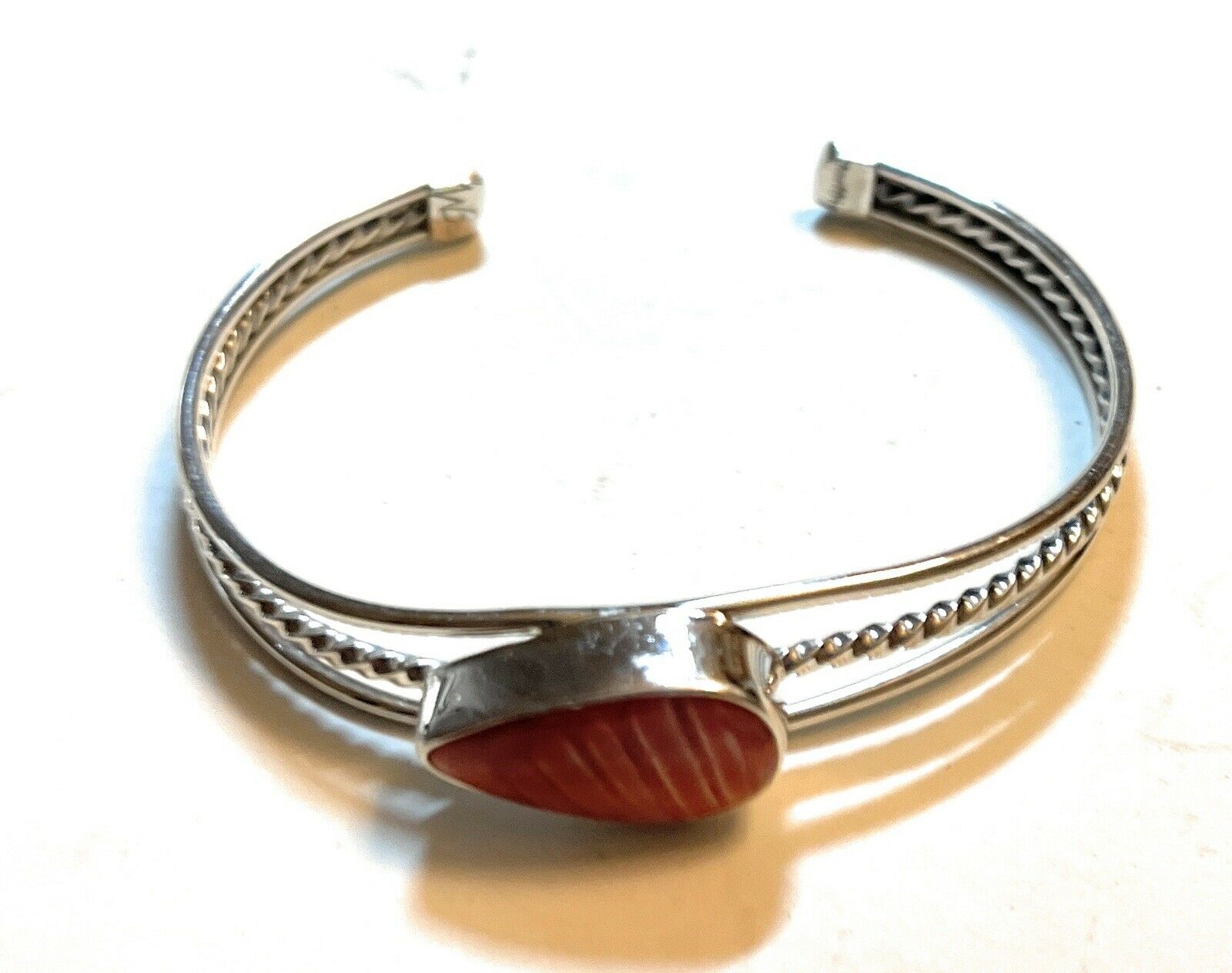 Handcrafted Teardrop Orange Spiny Sterling Silver Bracelet Rope Style Cuff