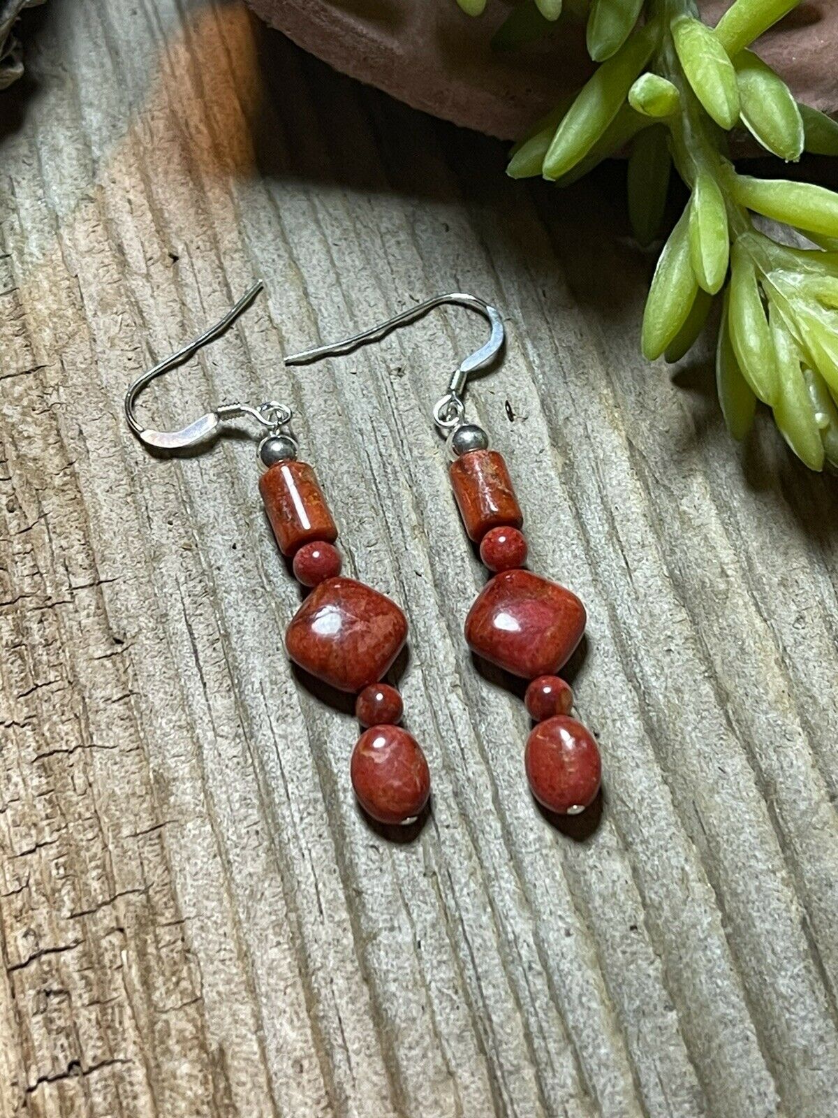 Handcrafted Sterling Silver Apple Coral Strand Beaded Earrings