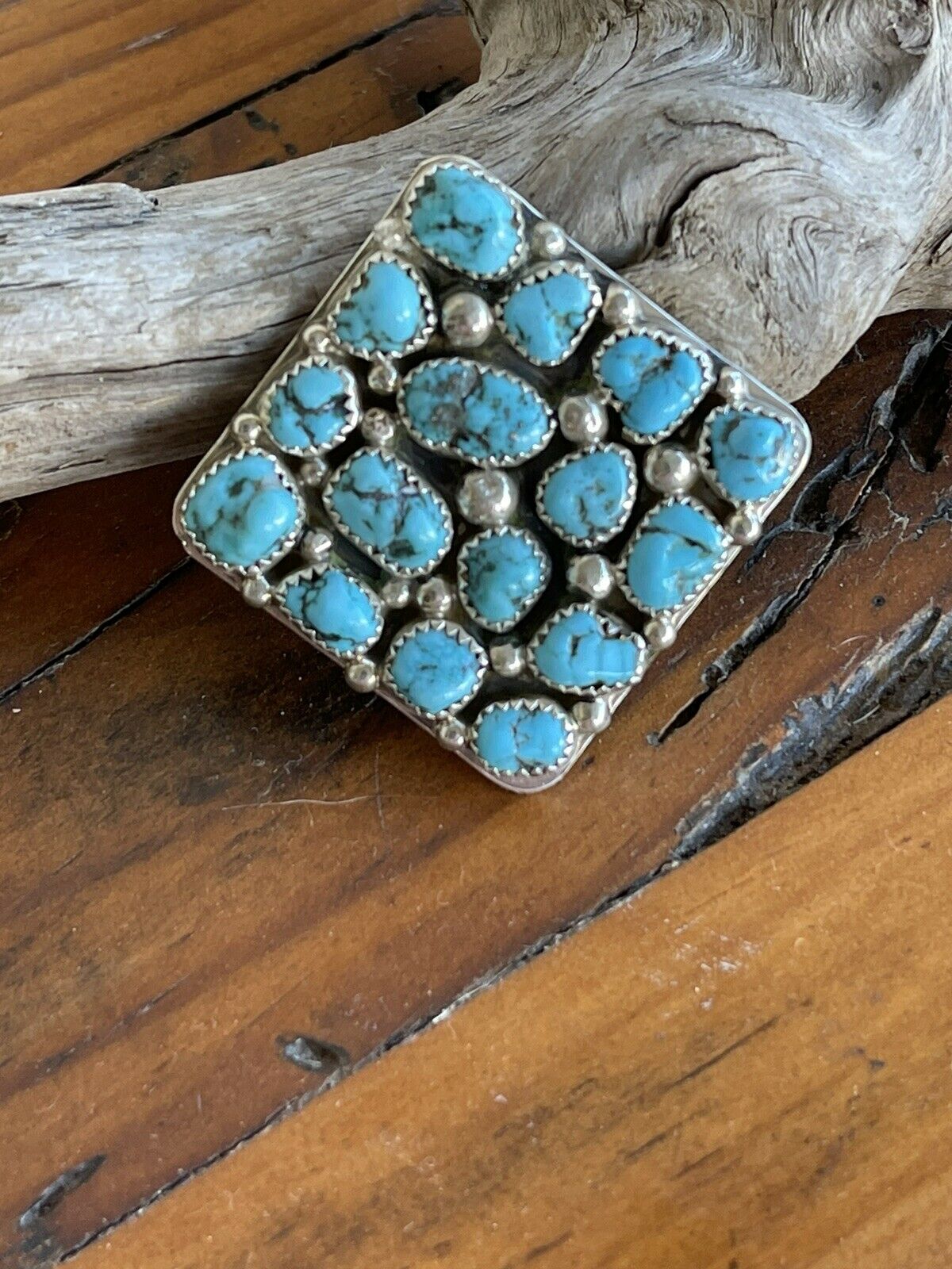 Handcrafted Sterling Silver Square Platform Kingman Turquoise Wide Band Ring Sz 9