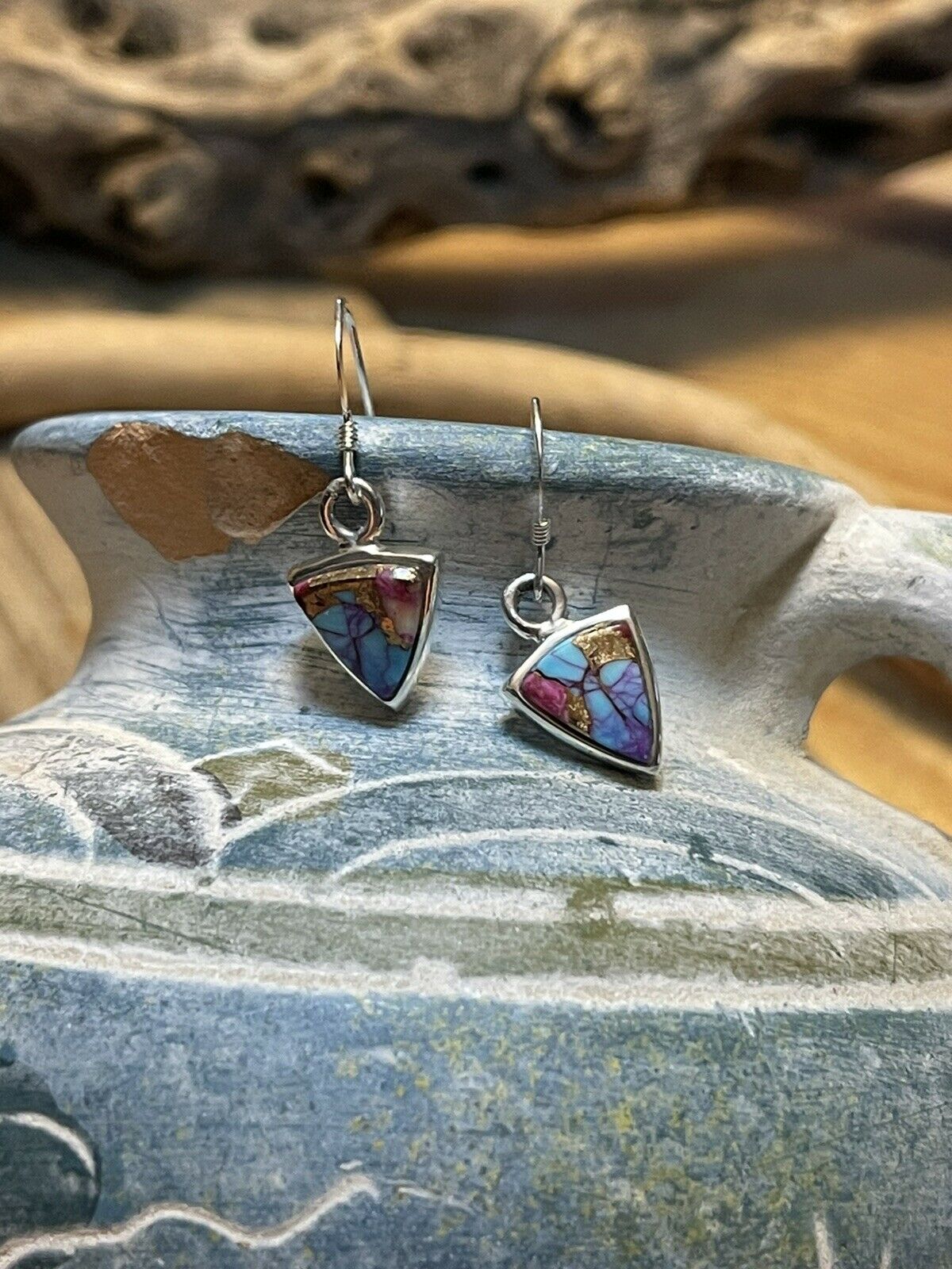 Handcrafted Pink Dream Mojave & Sterling Silver Triangle Dangle Earrings