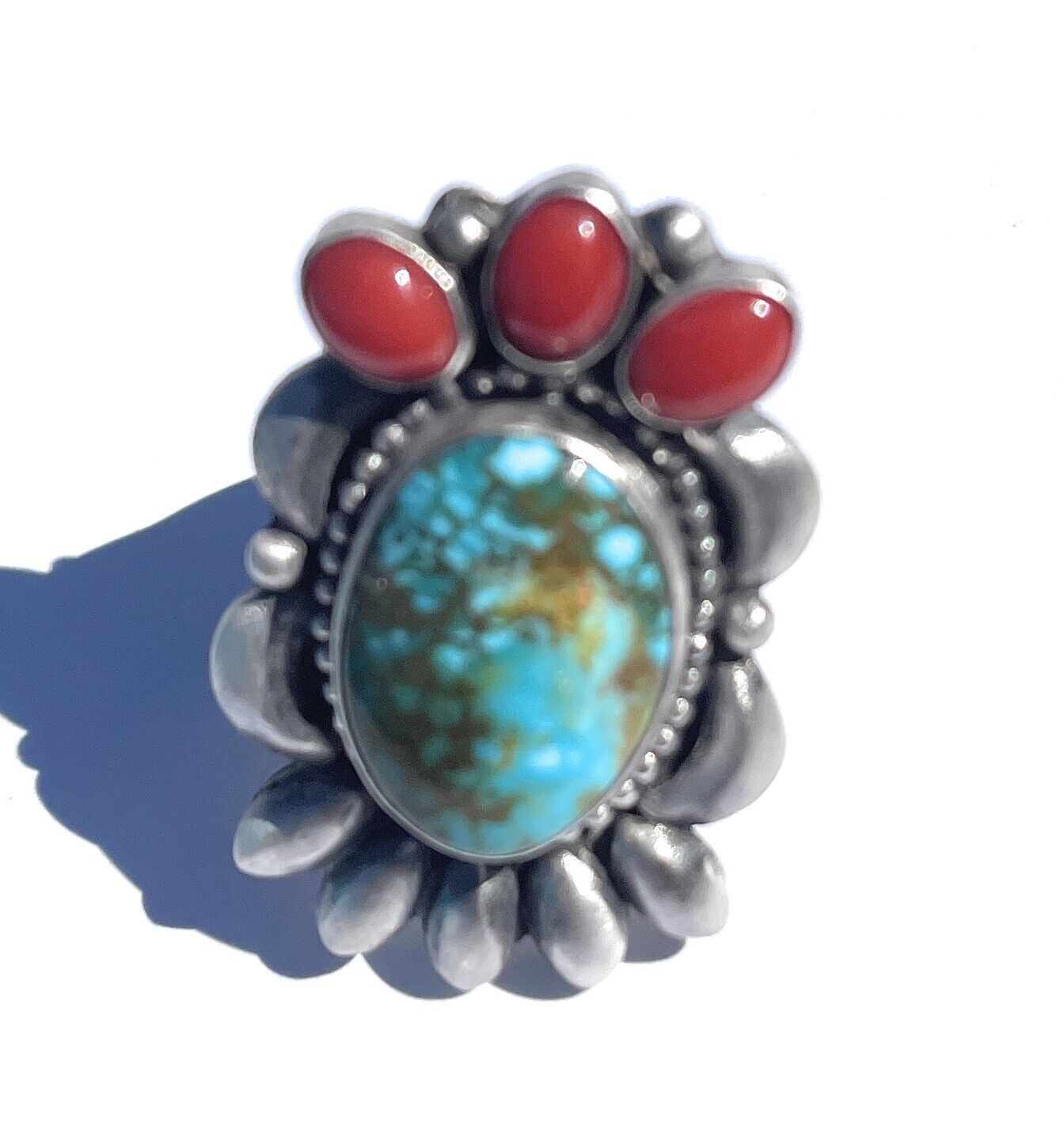 Navajo Sterling Kingman Web Turquoise & Red Coral Taos Collection Ring by Danny Clark, Sz 6.5