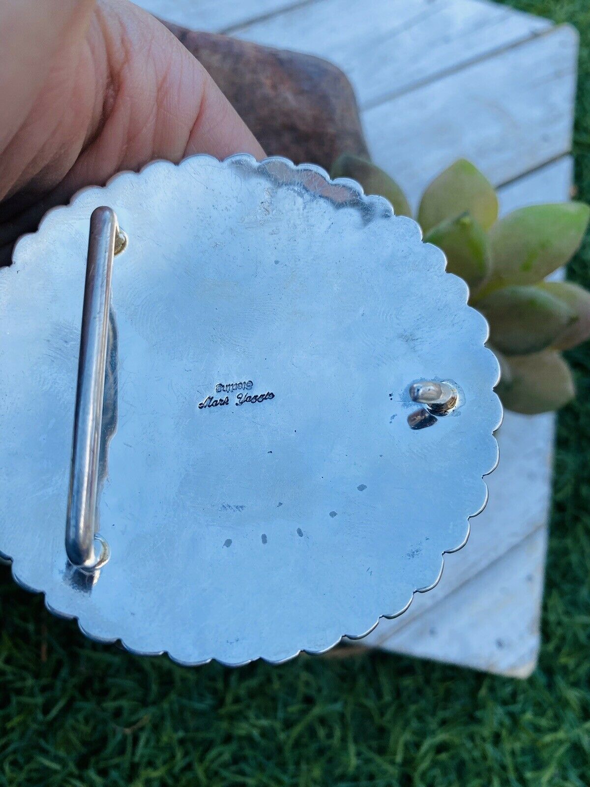 Handcrafted Vintage Hand Stamped Sterling Silver Belt Buckle Signed